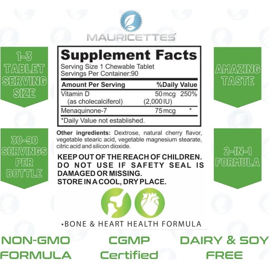 Vitamina D3 Masticable con K2 Mauricettes 90 Tabletas Sabor Cereza
