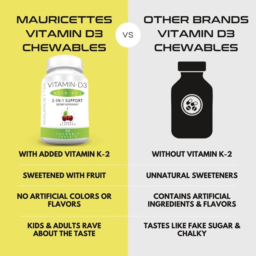 Vitamina D3 Masticable con K2 Mauricettes 90 Tabletas Sabor Cereza