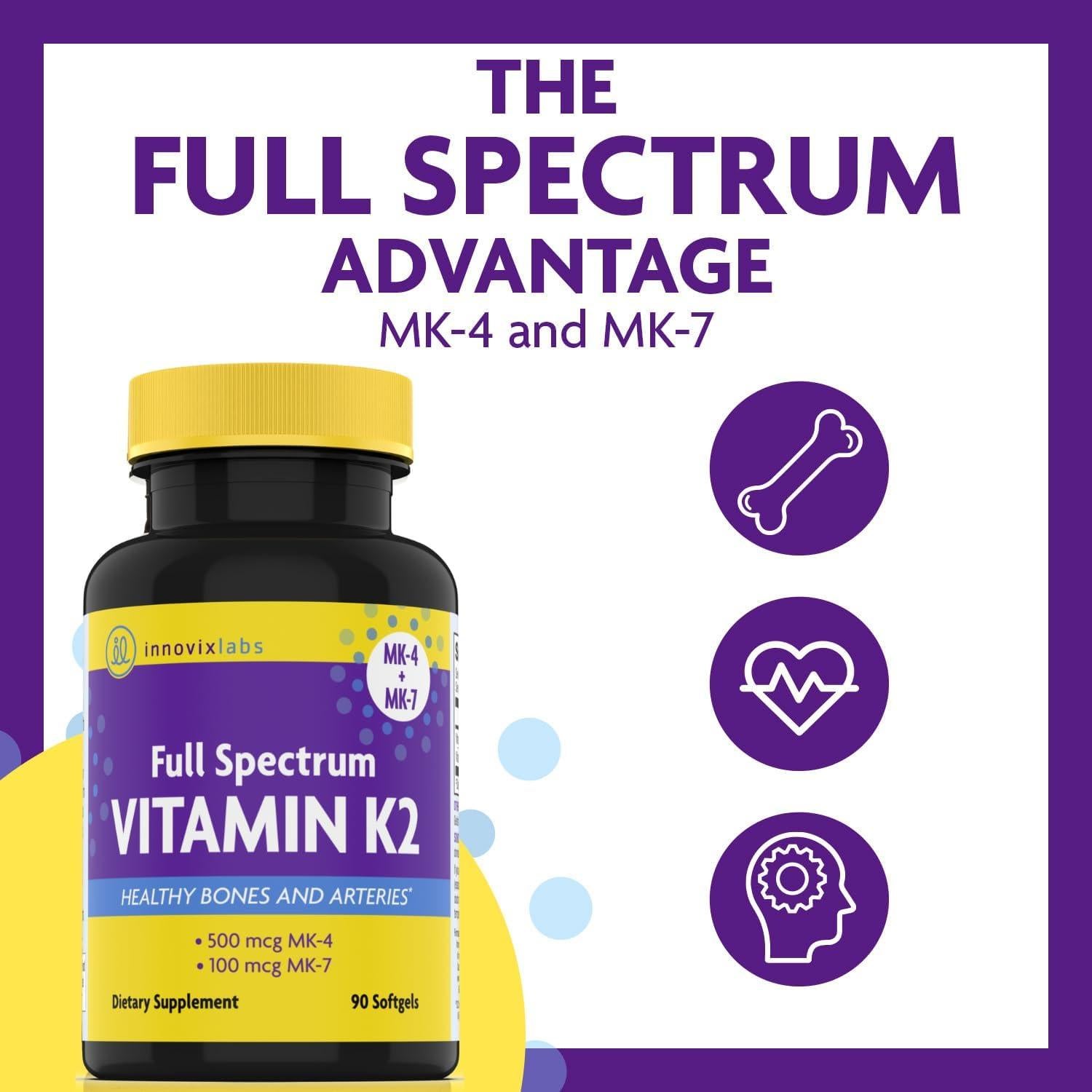 Suplemento de Vitamina K2 InnovixLabs 90 Softgels 600 mcg MK7 MK4