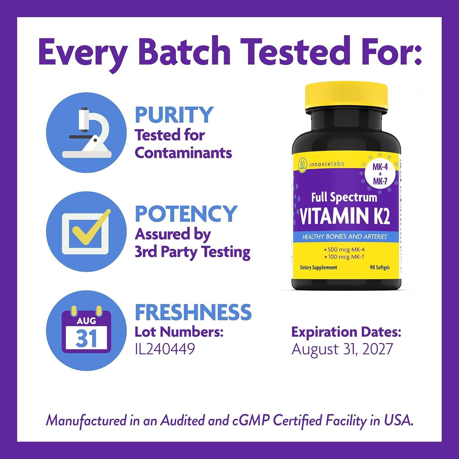 Suplemento de Vitamina K2 InnovixLabs 90 Softgels 600 mcg MK7 MK4