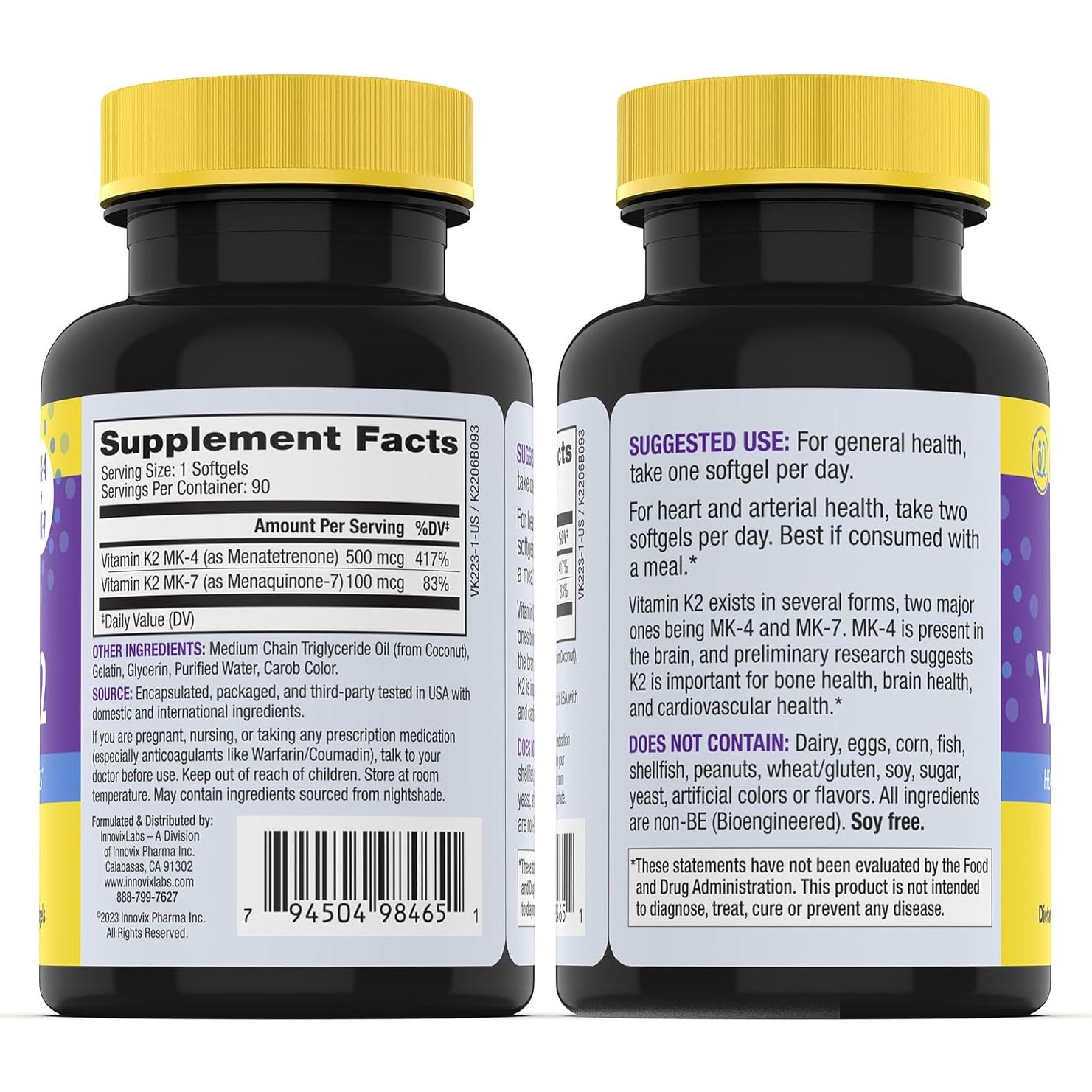 Suplemento de Vitamina K2 InnovixLabs 90 Softgels 600 mcg MK7 MK4