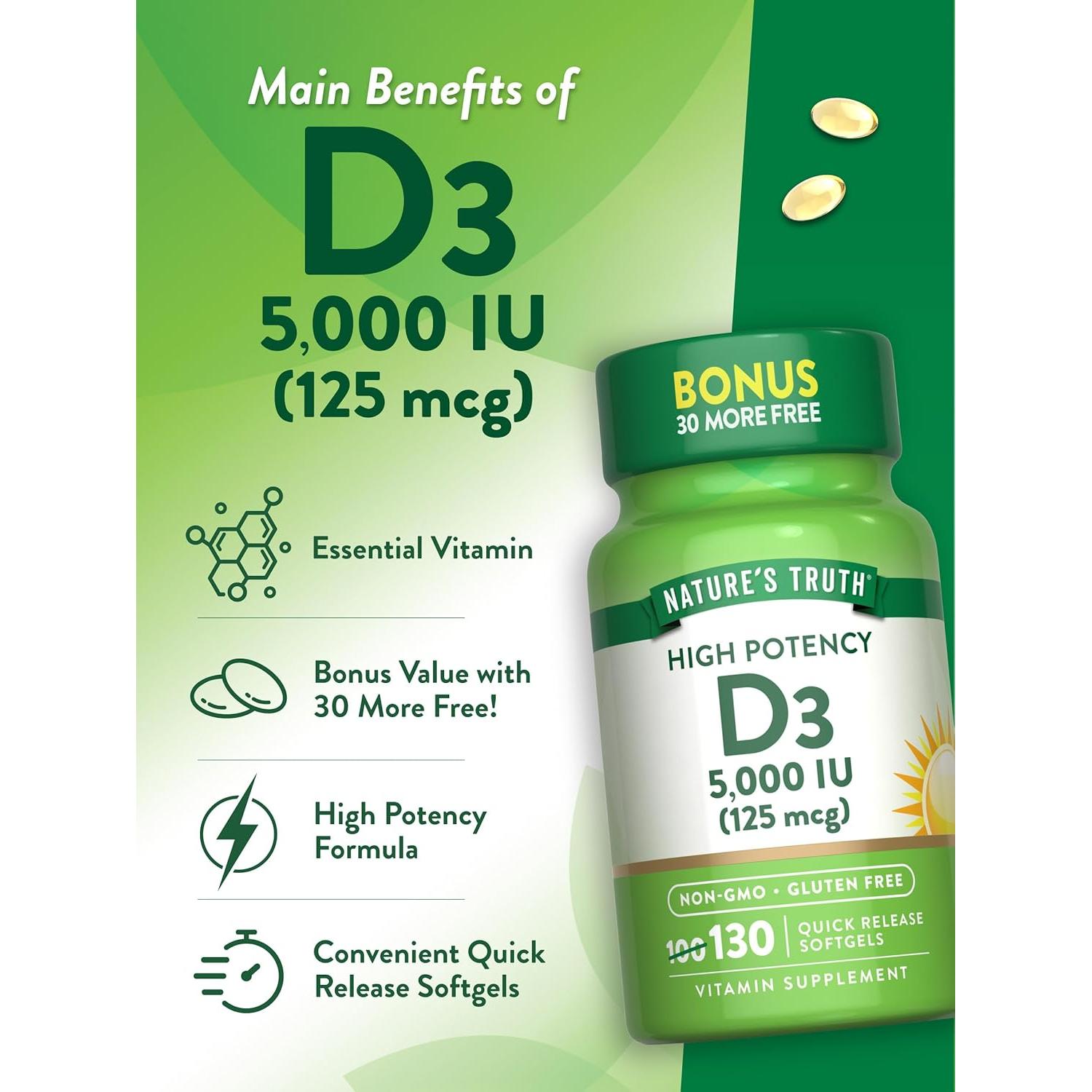 Suplemento Vitamina D3 5000 UI Nature's Truth 130 Cápsulas