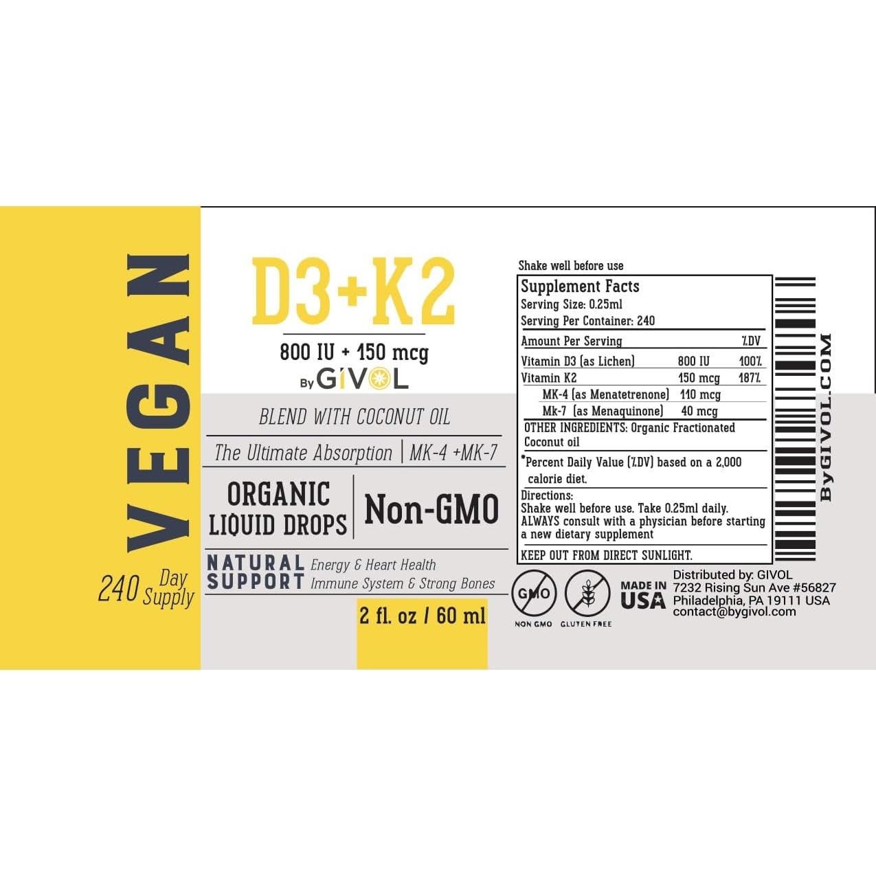 Gotas Líquidas de Vitamina D3 + K2 GIVOL 60ml - Natural y Orgánico