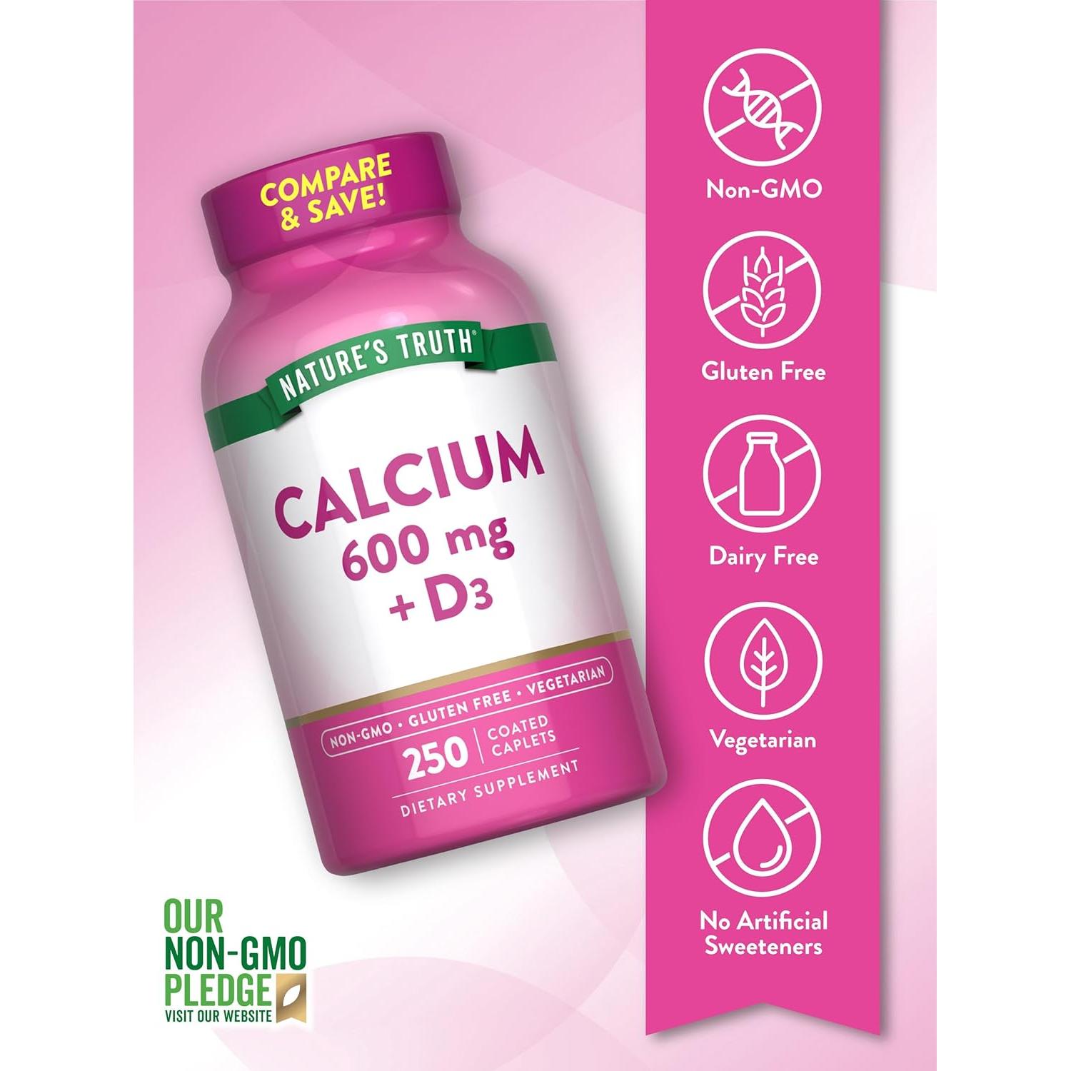 Calcio 600mg con Vitamina D3 Verdad de la Naturaleza 250 Tabletas