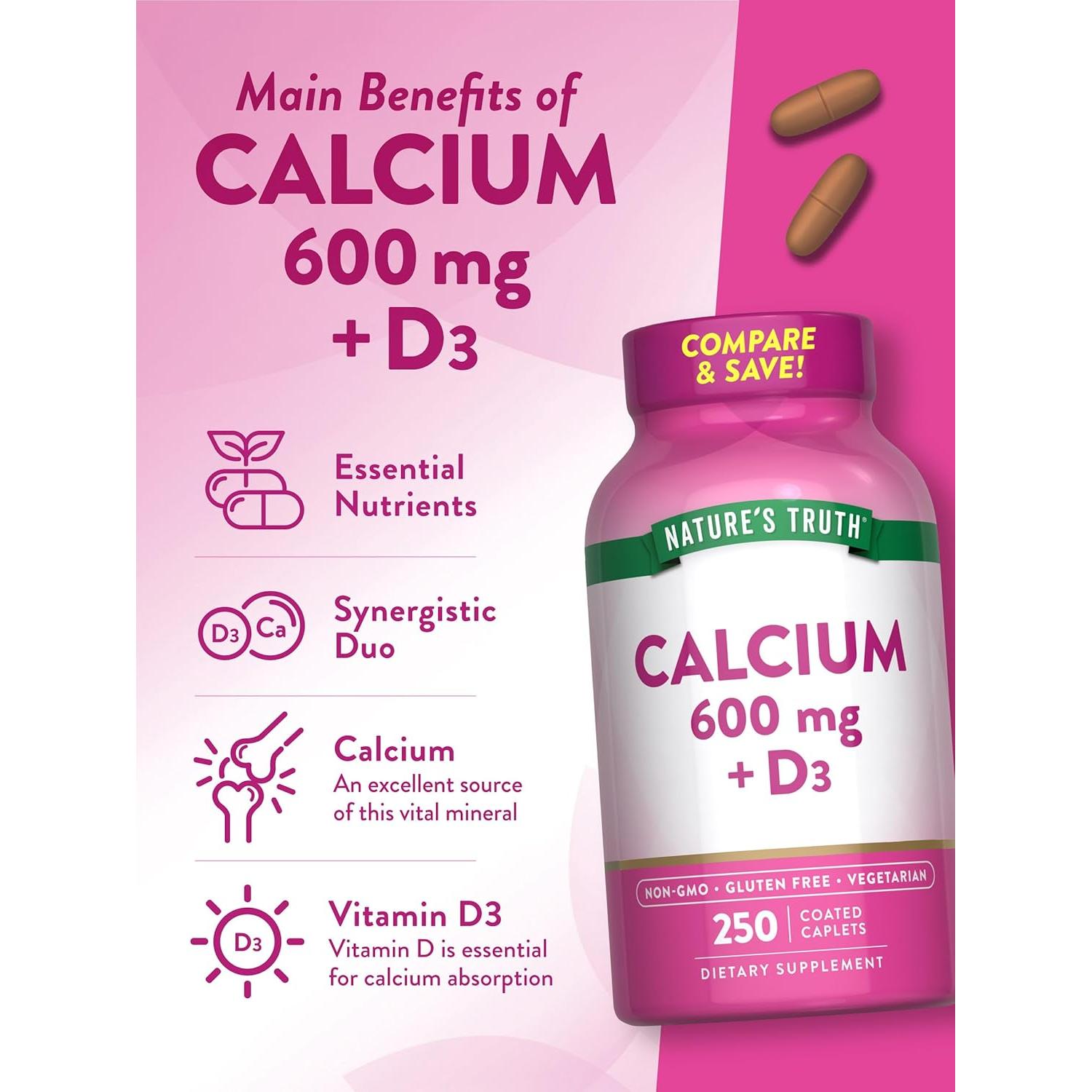 Calcio 600mg con Vitamina D3 Verdad de la Naturaleza 250 Tabletas