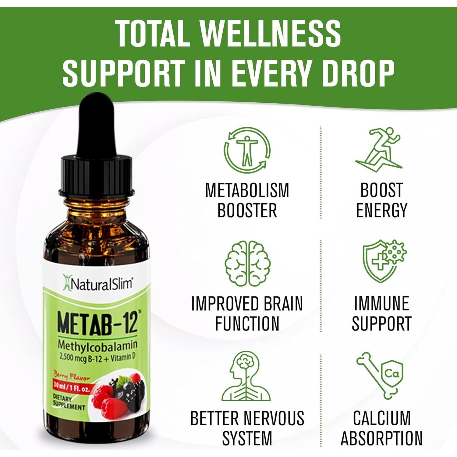 Vitaminas Líquidas B12 NaturalSlim 2500 mcg con Vitamina D - Sabor Baya 29.57 ml