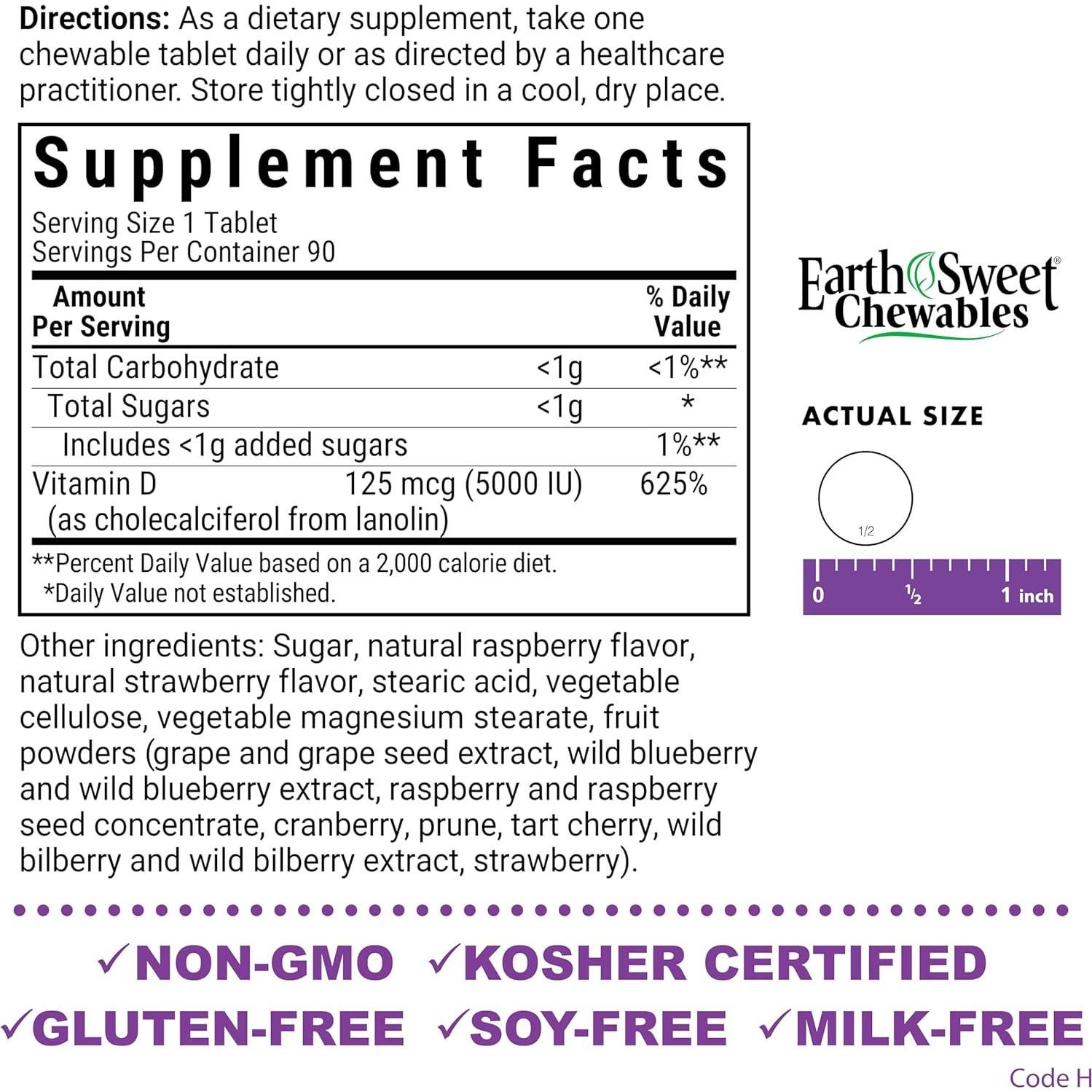 Tabletas Masticables Vitamina D3 5000 UI Bluebonnet 90 Unidades