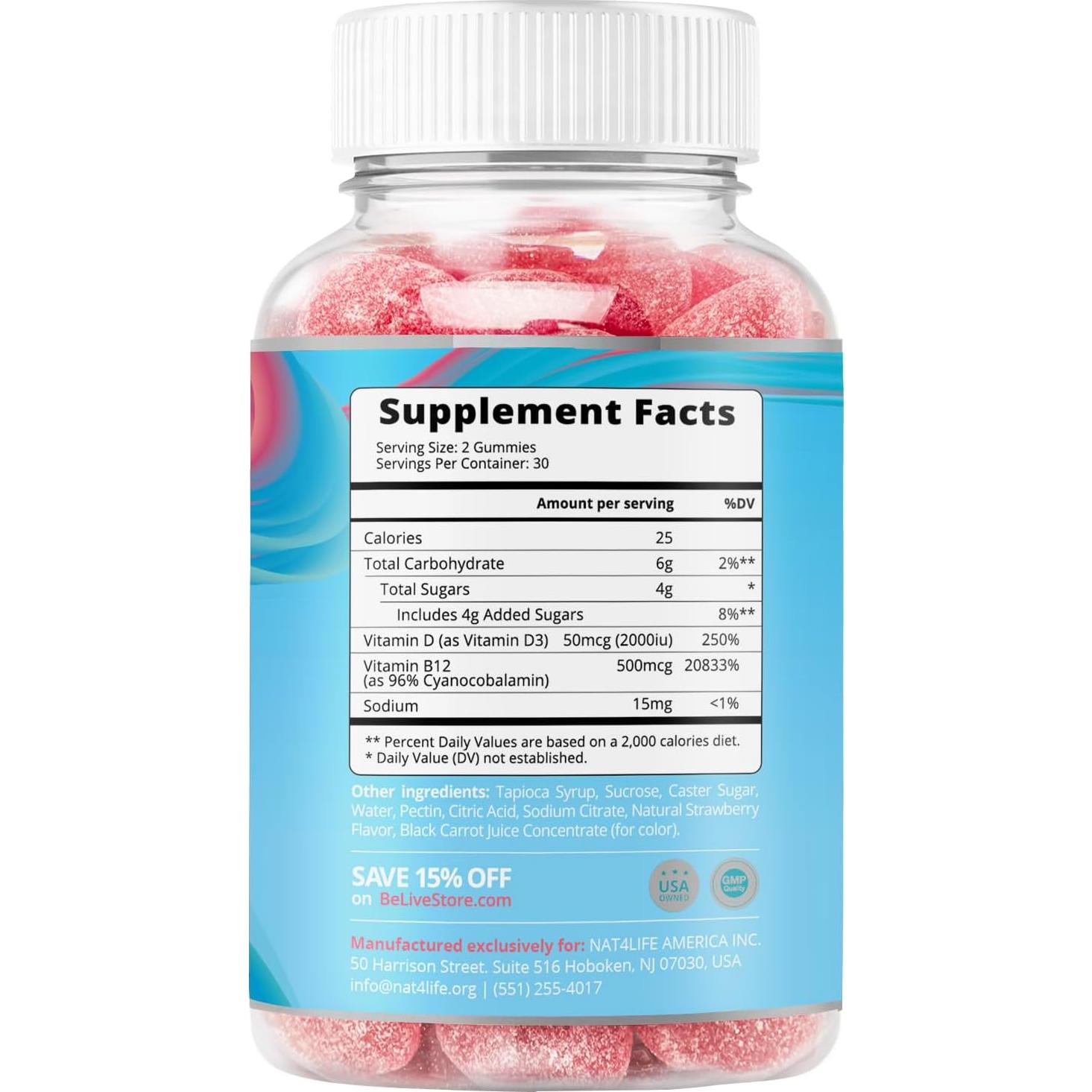 Gomitas de Vitamina D3 y B12 BeLive - 60 Unidades Sabor Fresa