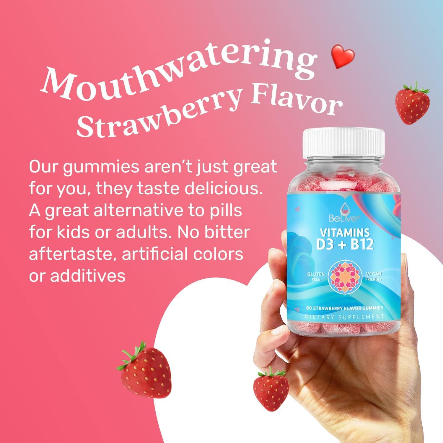 Gomitas de Vitamina D3 y B12 BeLive - 60 Unidades Sabor Fresa