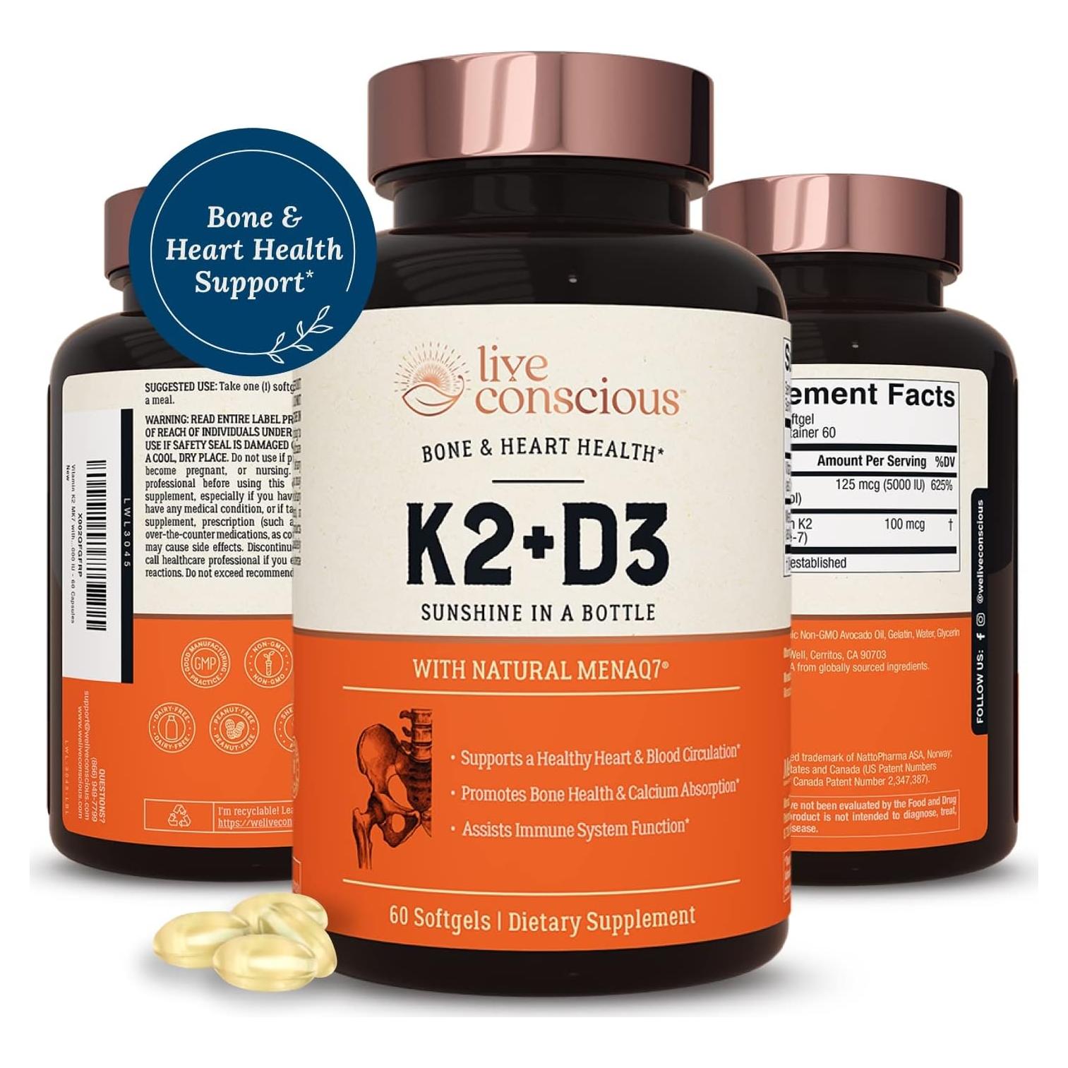 Suplemento Vitamina K2 MK7 + D3 Live Conscious 60 Gelatinas