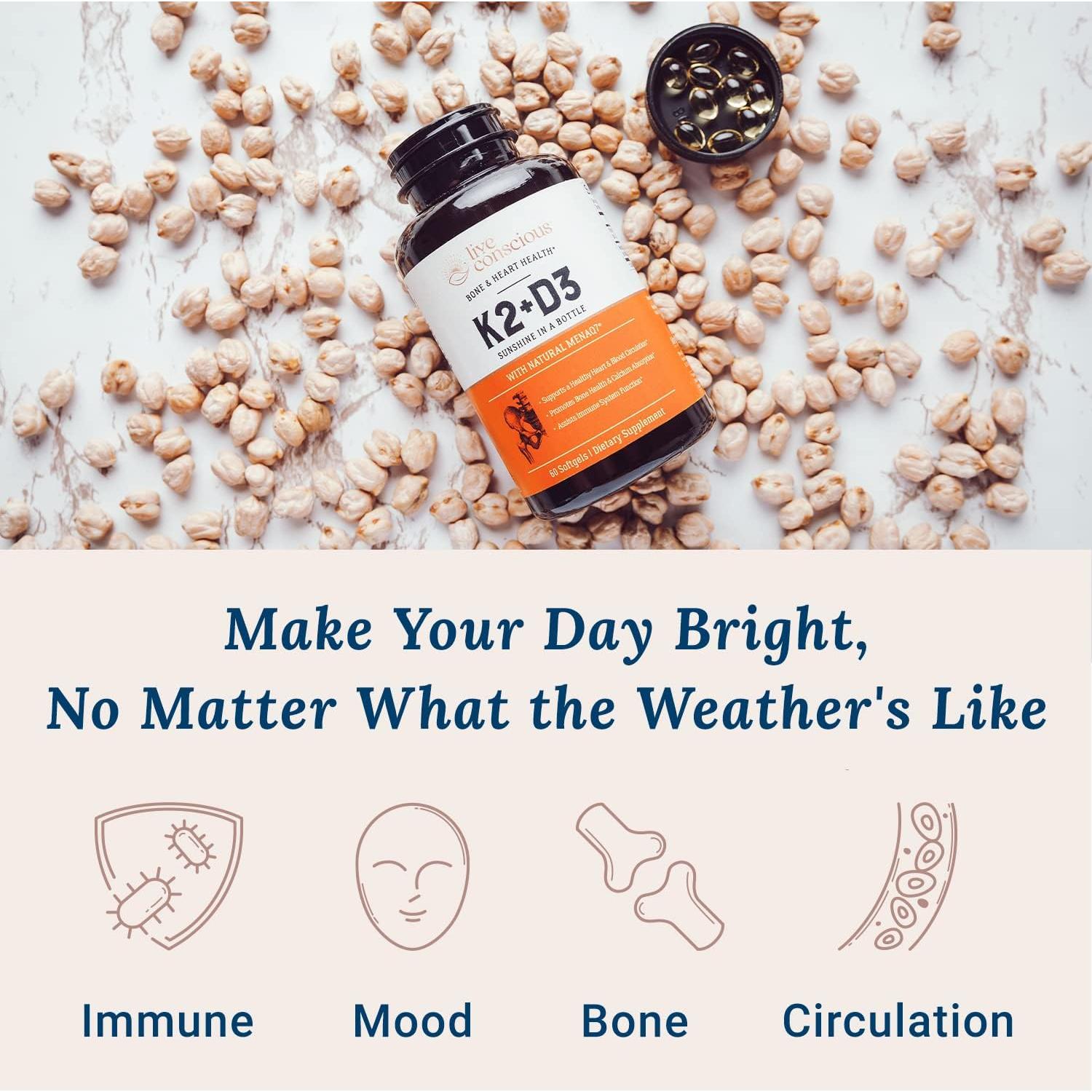 Suplemento Vitamina K2 MK7 + D3 Live Conscious 60 Gelatinas