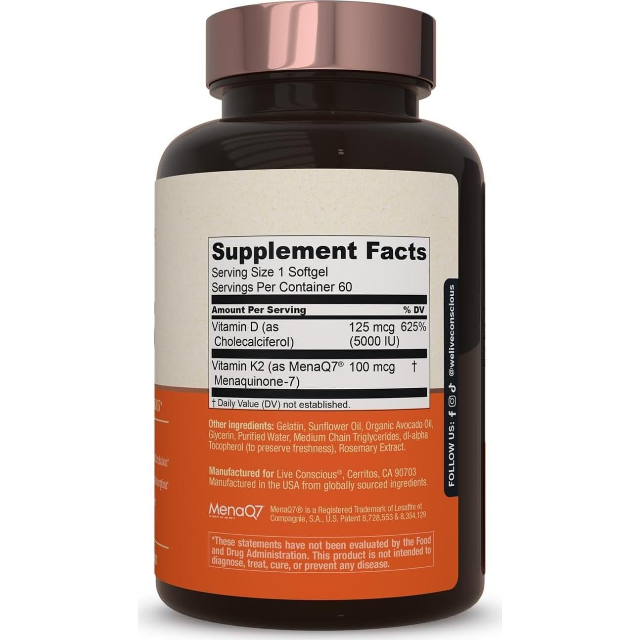 Suplemento Vitamina K2 MK7 + D3 Live Conscious 60 Gelatinas