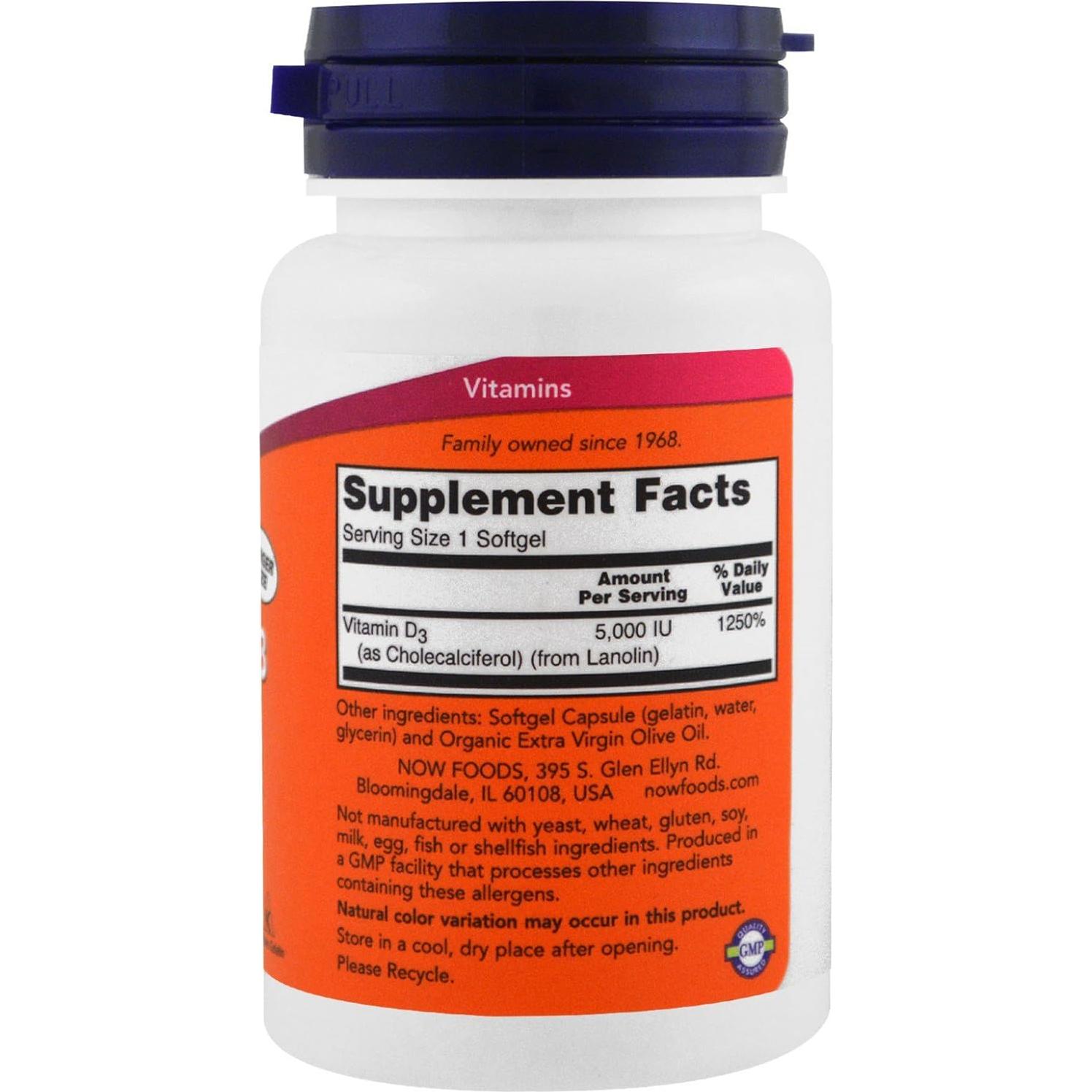 Suplemento de Vitamina D-3 5000 UI Now Foods 240 Gelatinas