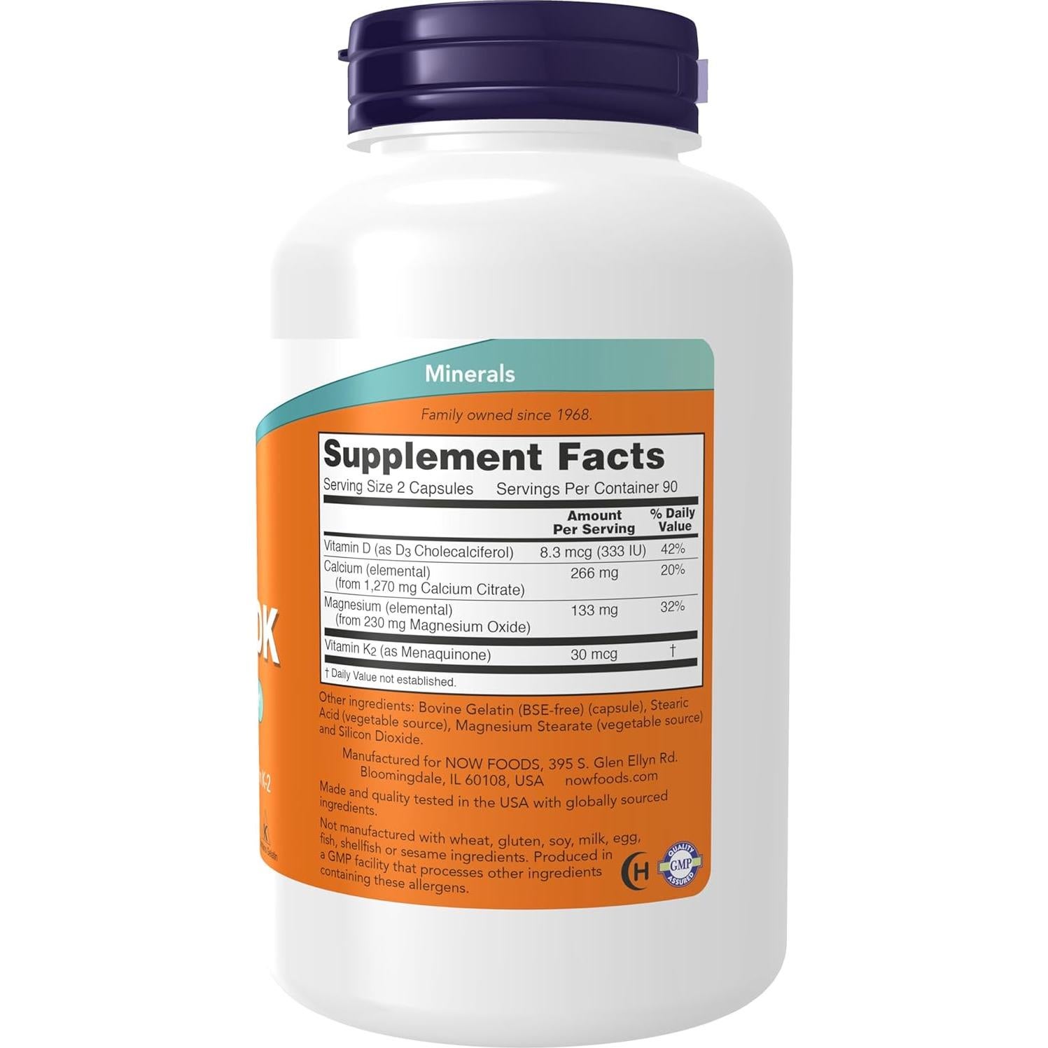 Suplemento Cal-Mag DK NOW Foods con Vitamina D3 y K2 - 180 Cápsulas