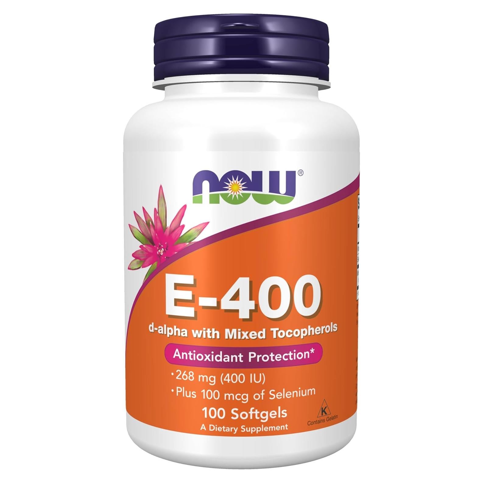 Vitamina E 400 UI NOW Suplementos con Selenio 100 mcg 100 Gelatinas