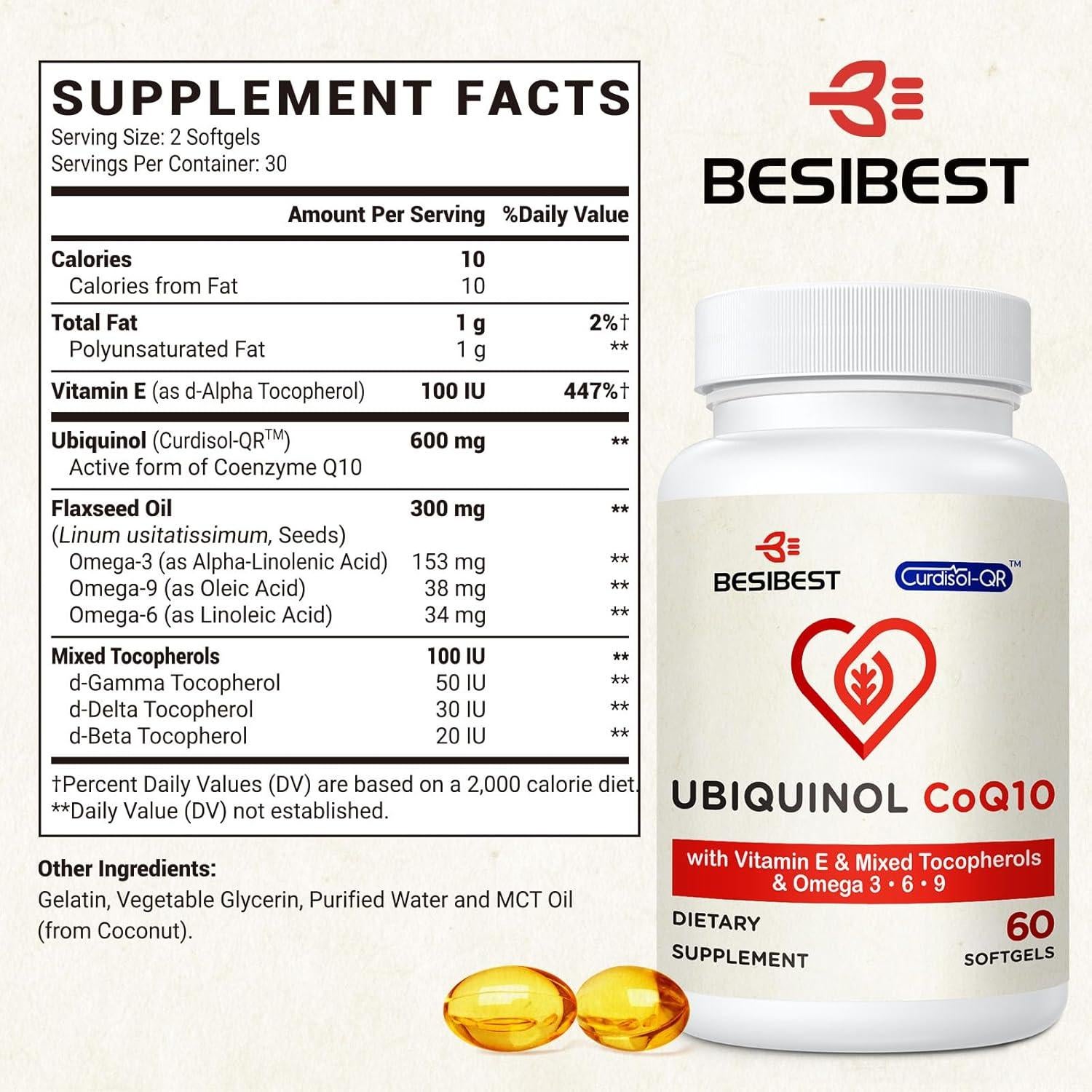 Ubiquinol CoQ10 600mg Besibest - Suplemento Antioxidante 60 Cápsulas
