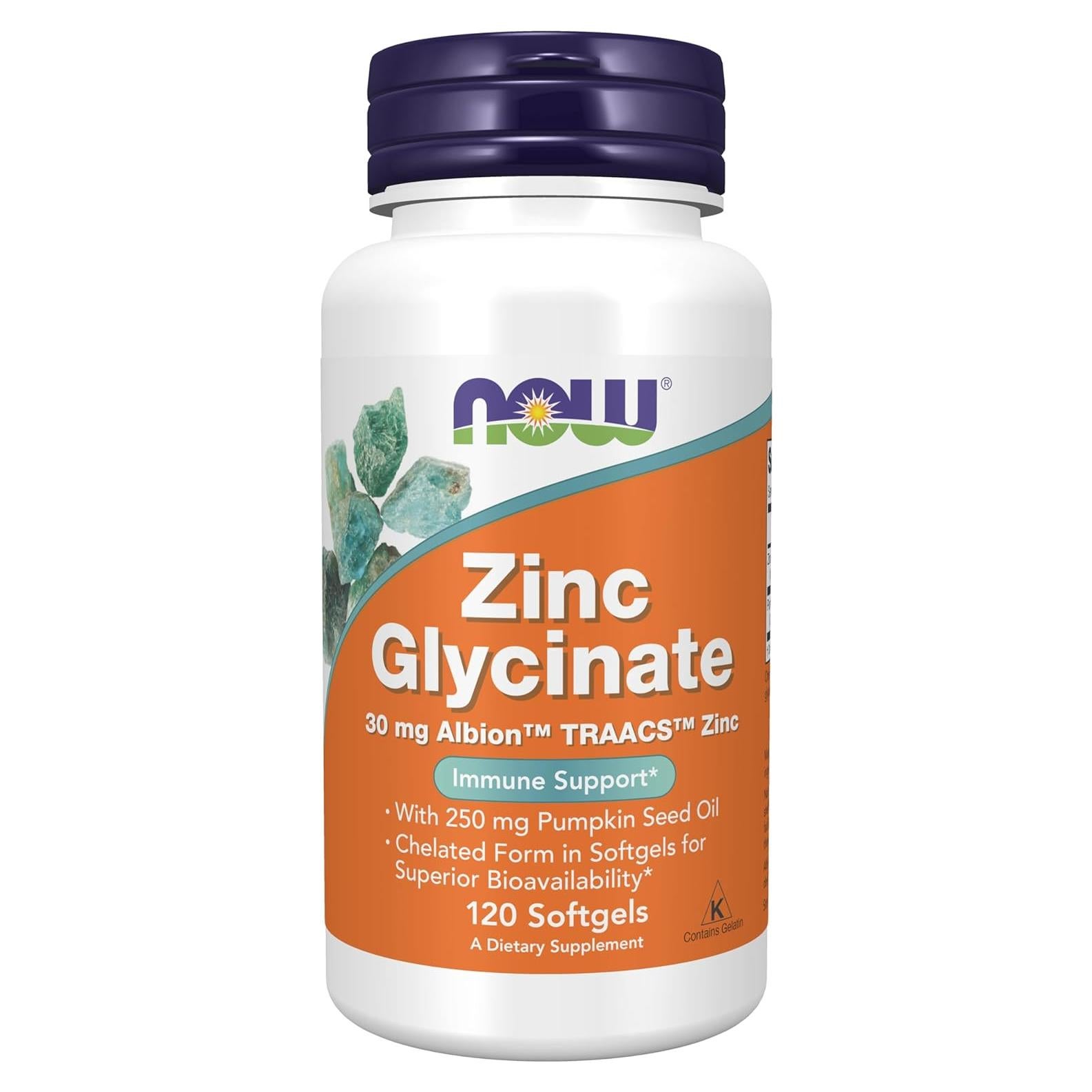 NOW Foods Zinc Glicinato 30 mg con 250 mg Aceite de Calabaza - 120 Gelatinas