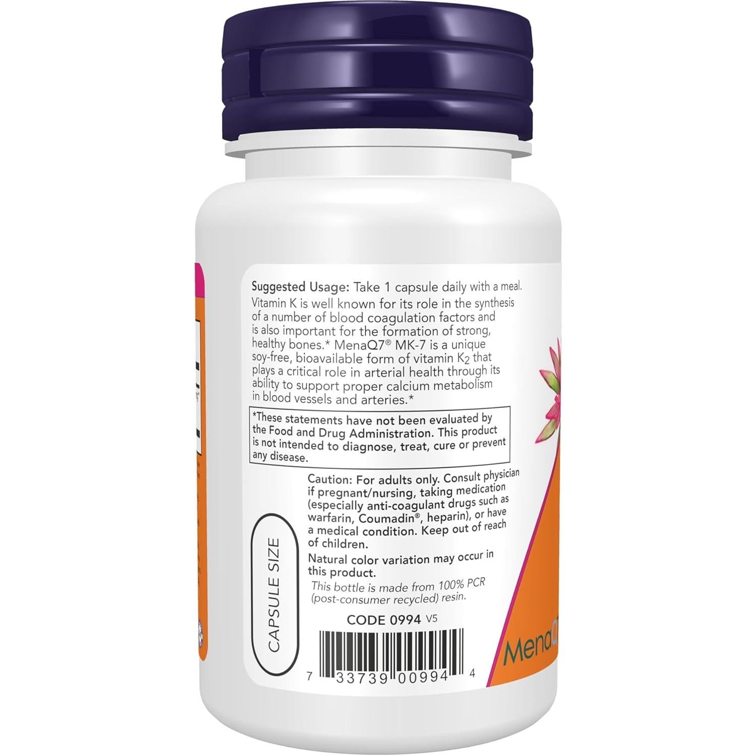 Vitamina K2 (MK-7) 300 mcg NOW Foods, 60 Cápsulas Veganas