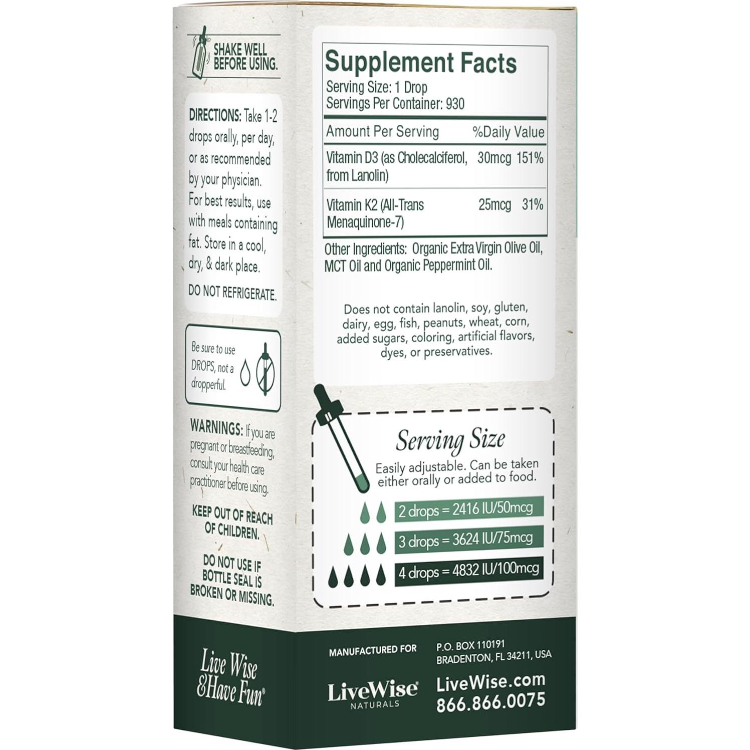 Gotas Líquidas Vitamina D3 1208 IU y K2 25 mcg LiveWise Naturals