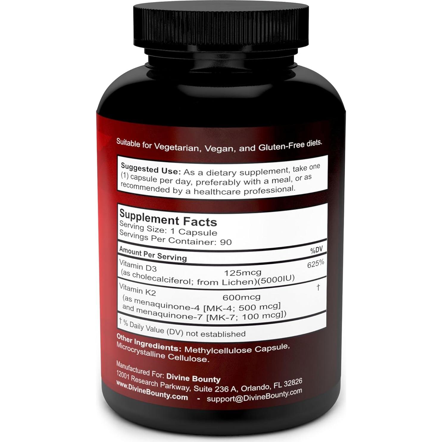 Suplemento Vitamina K2 + D3 Divine Bounty 90 Cápsulas