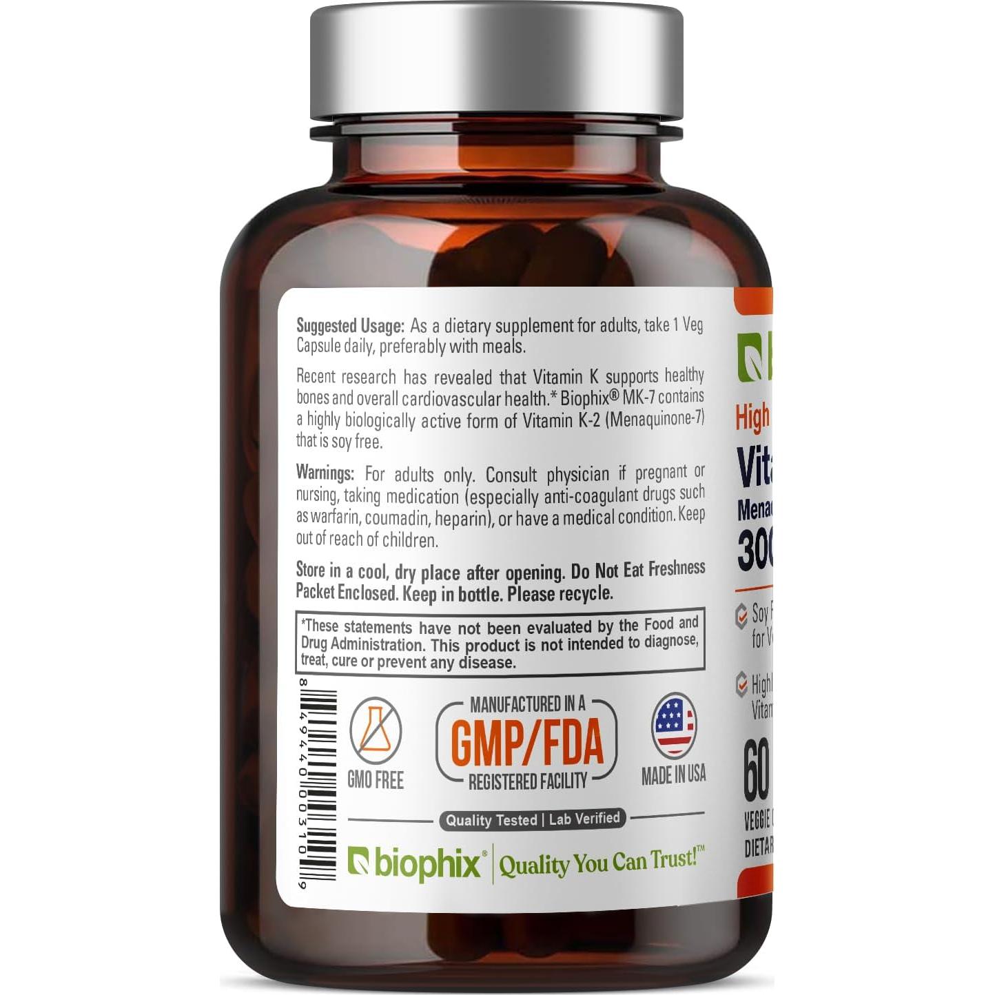 Biophix Vitamina K2 MK-7 300 mcg 60 Cápsulas Veganas - Suplemento Óseo