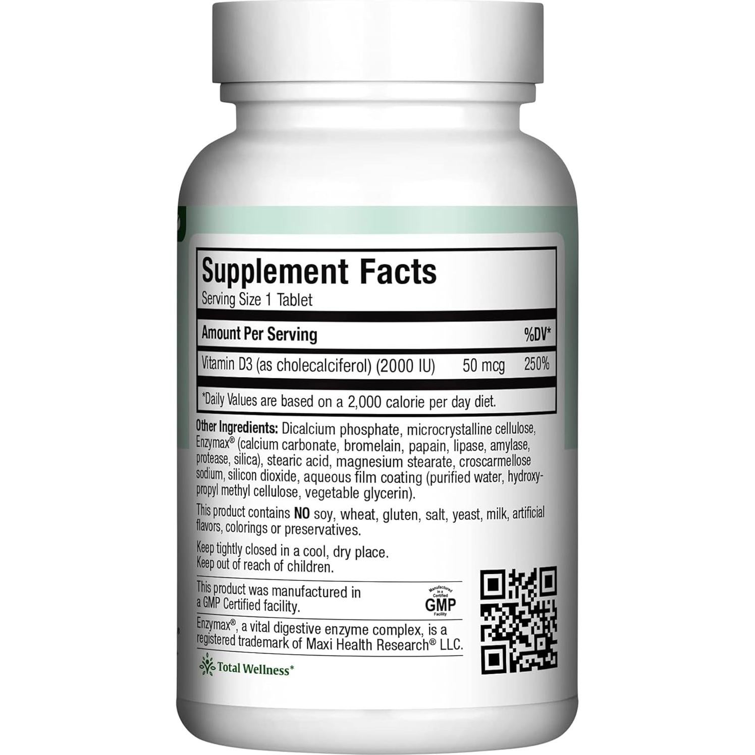 Vitamina D3 2000 UI Maxi Health - 180 tabletas Kosher