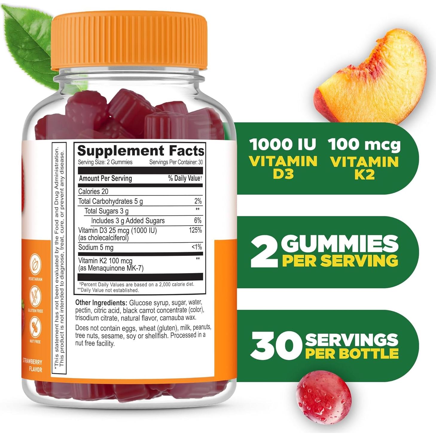 Gomitas de Vitamina D3 y K2 Lifeable 1000iu 100mcg 60 Unidades