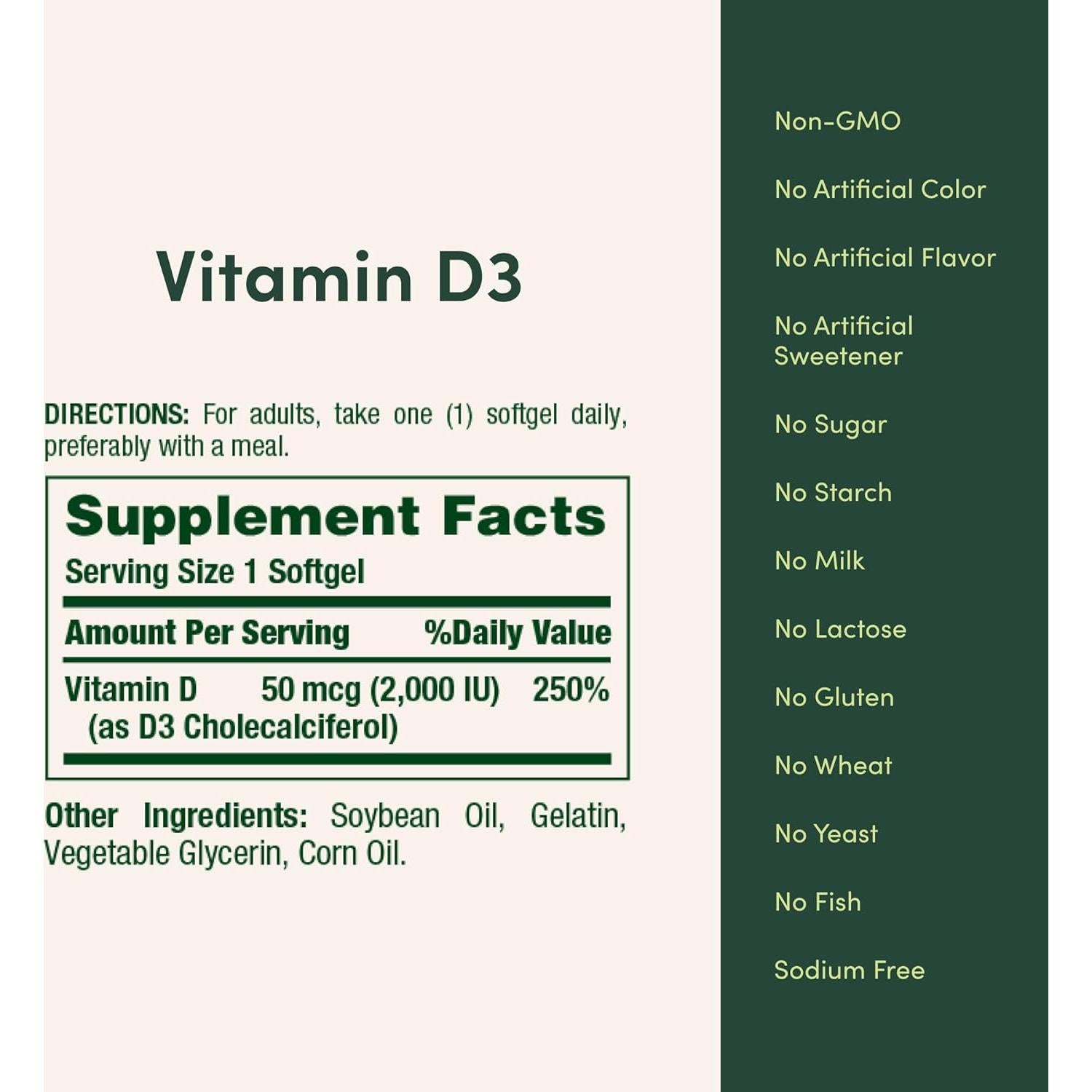 Vitamina D3 2000 UI Nature's Bounty 350 Softgels Salud Huesos
