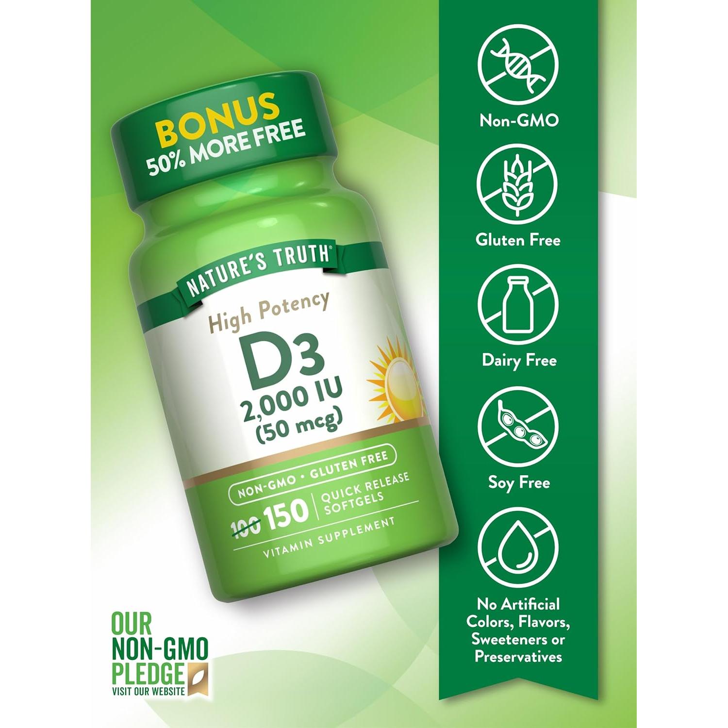 Suplemento Vitamina D3 2000 UI Nature's Truth 150 Cápsulas