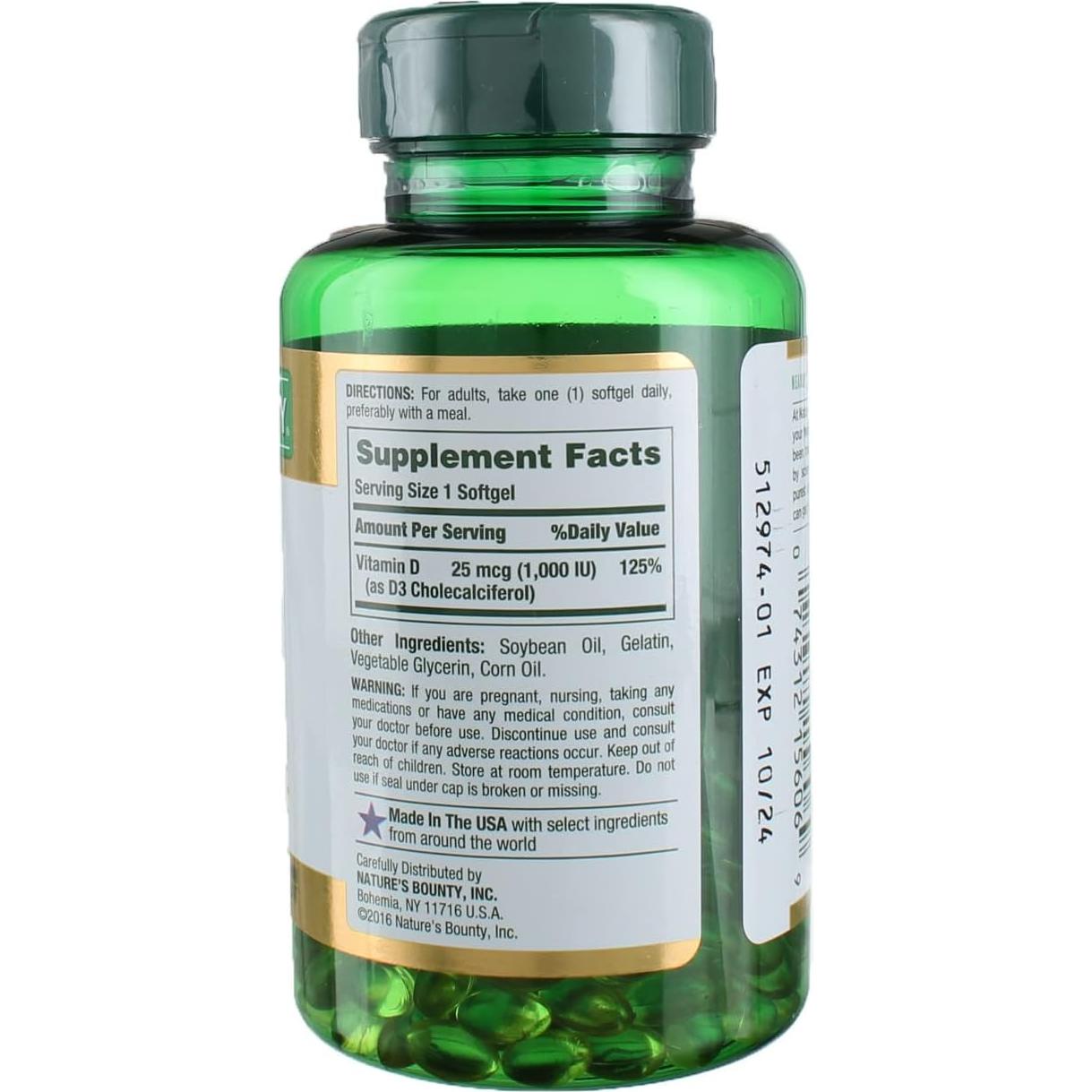 Suplemento Vitamina D3 Nature's Bounty 1000 UI 250 Cápsulas