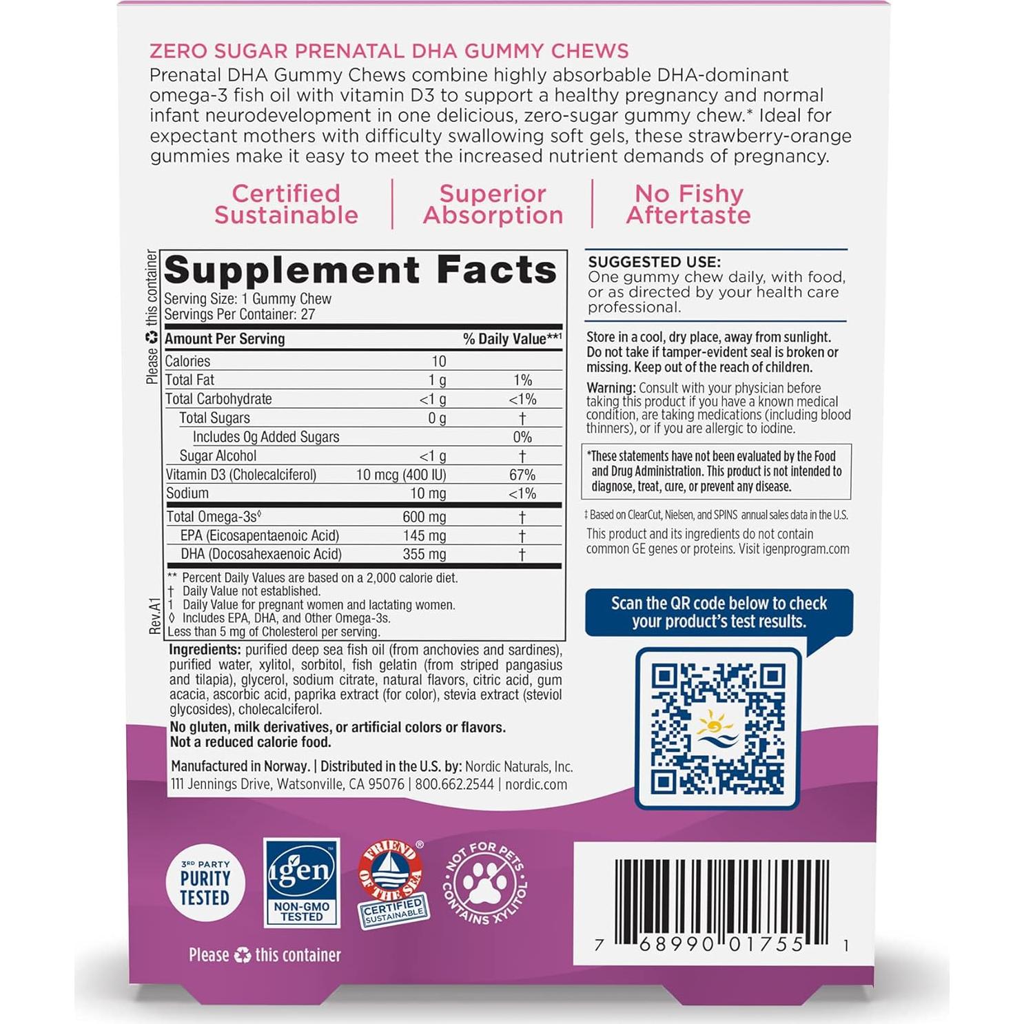 Gomitas Prenatales Sin Azúcar Nordic Naturals 27 Unidades DHA