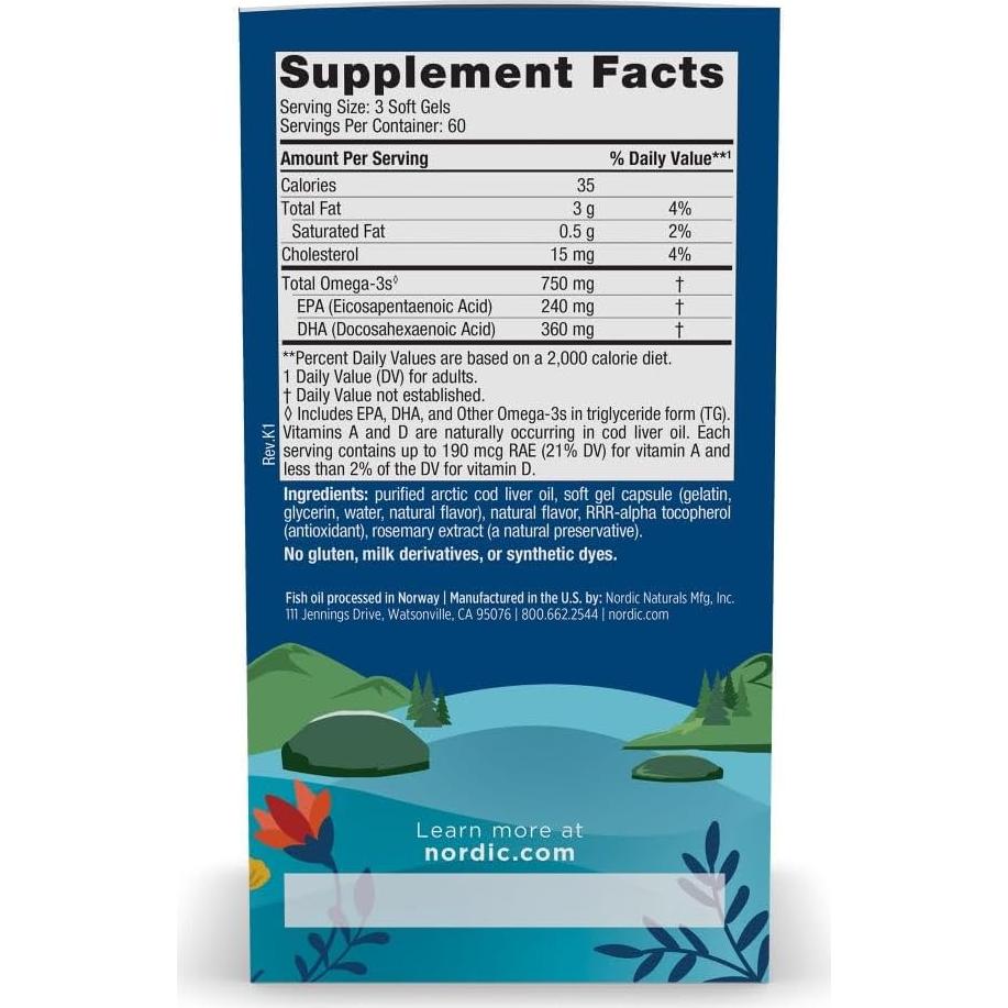 Aceite de Hígado de Bacalao Ártico Nordic Naturals 180 Geles 750 mg Omega-3