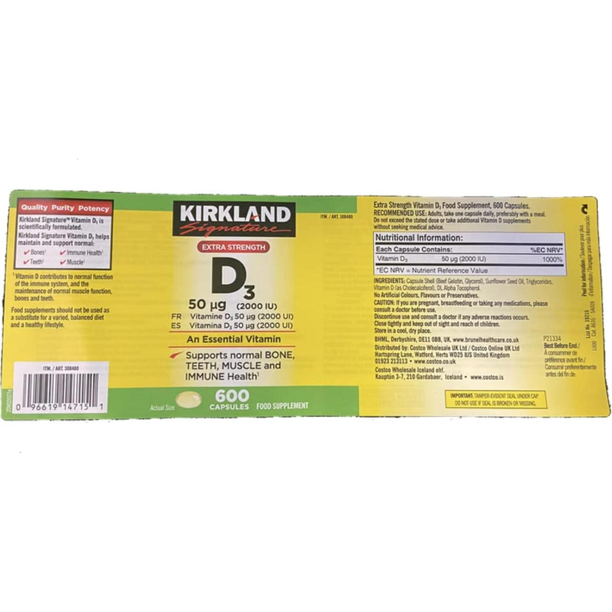 Vitamina D3 Extra Fuerte Kirkland 2000 UI 600 Softgels
