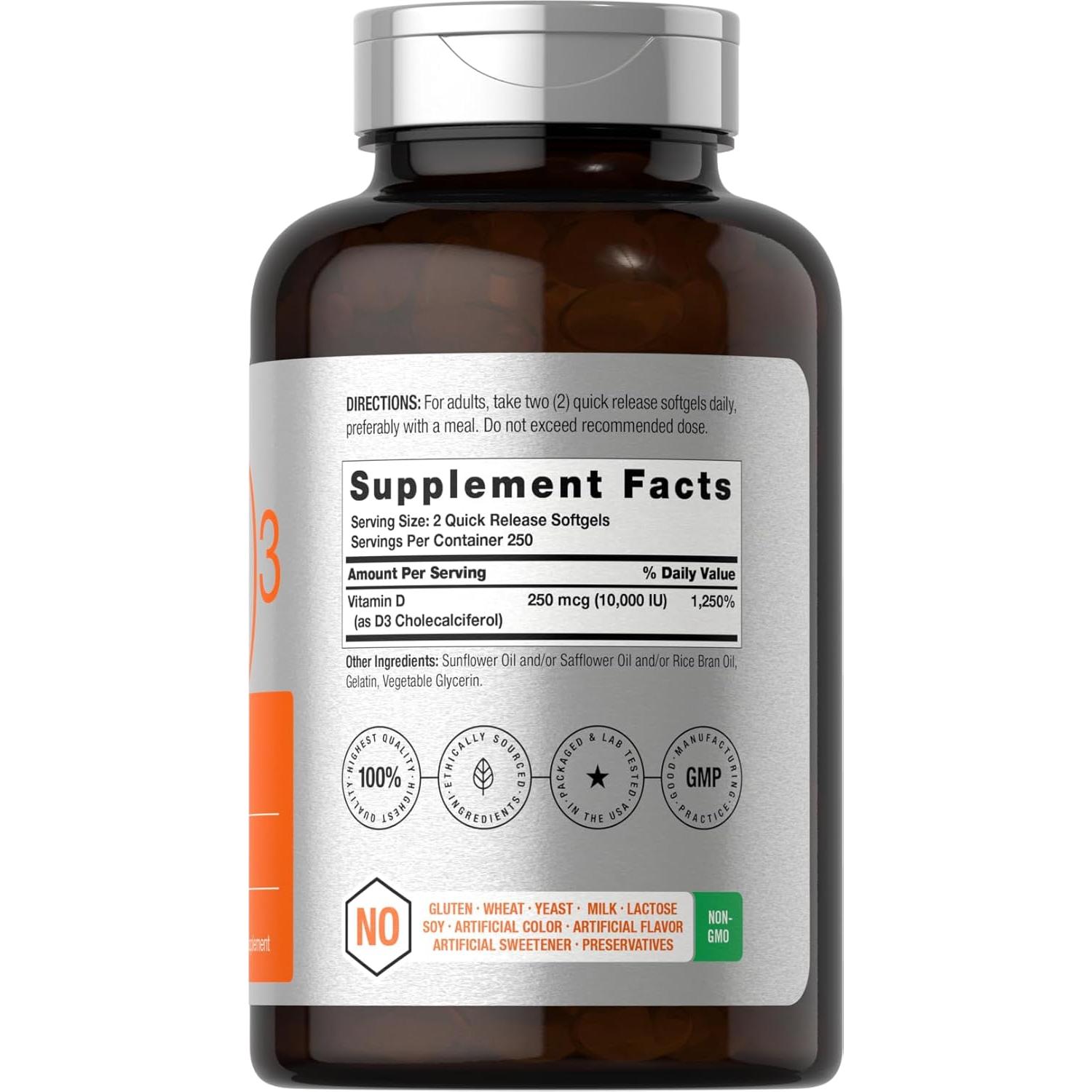 Suplemento de Vitamina D3 Horbaach 10000 UI 500 Softgels