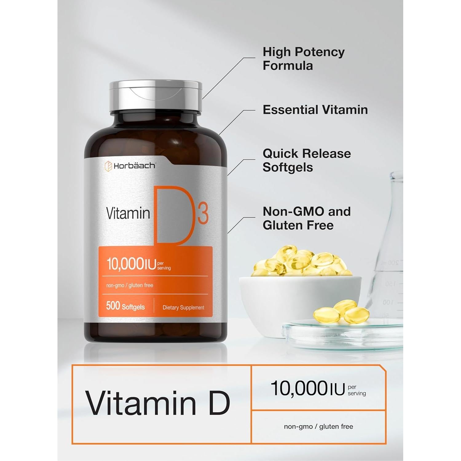 Suplemento de Vitamina D3 Horbaach 10000 UI 500 Softgels