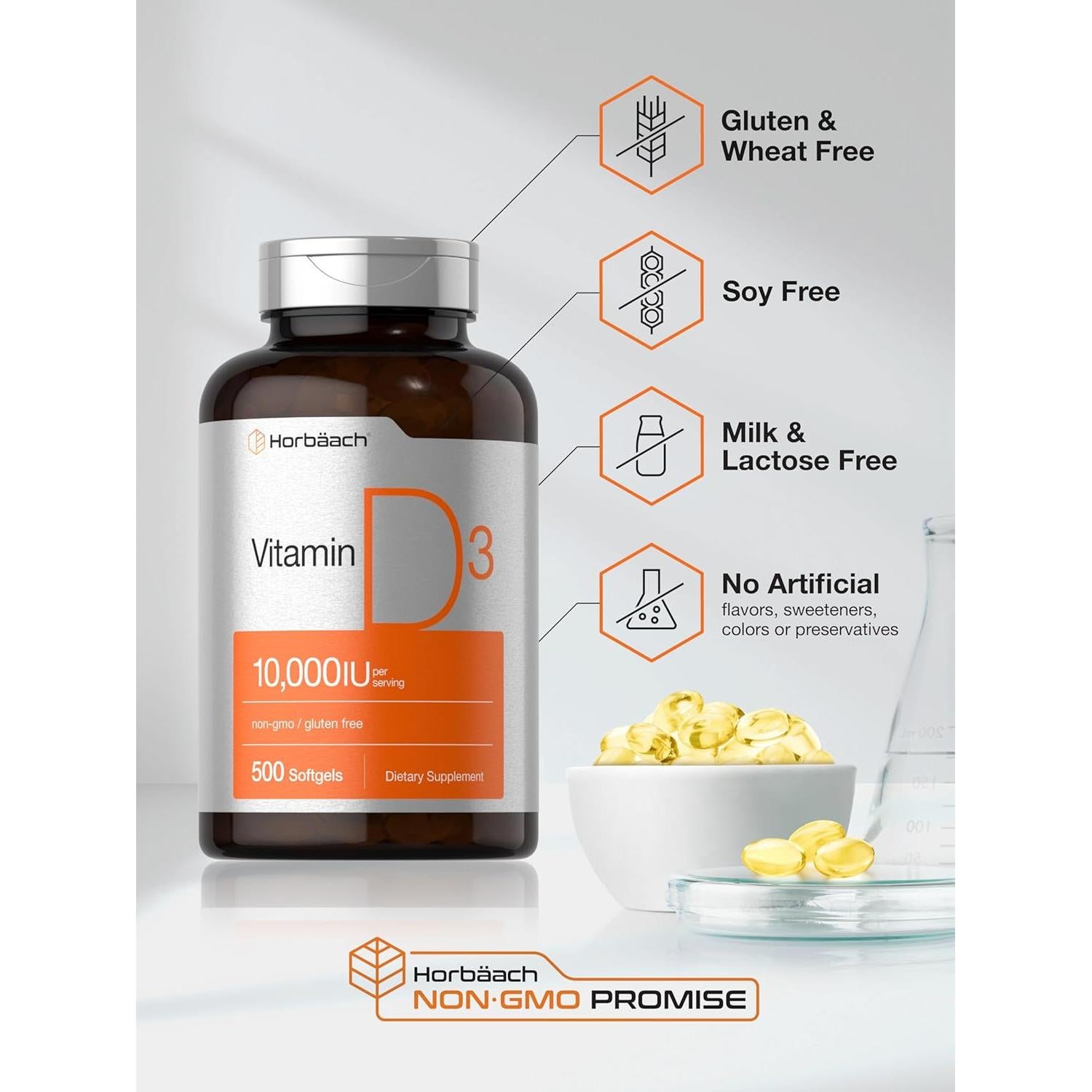 Suplemento de Vitamina D3 Horbaach 10000 UI 500 Softgels