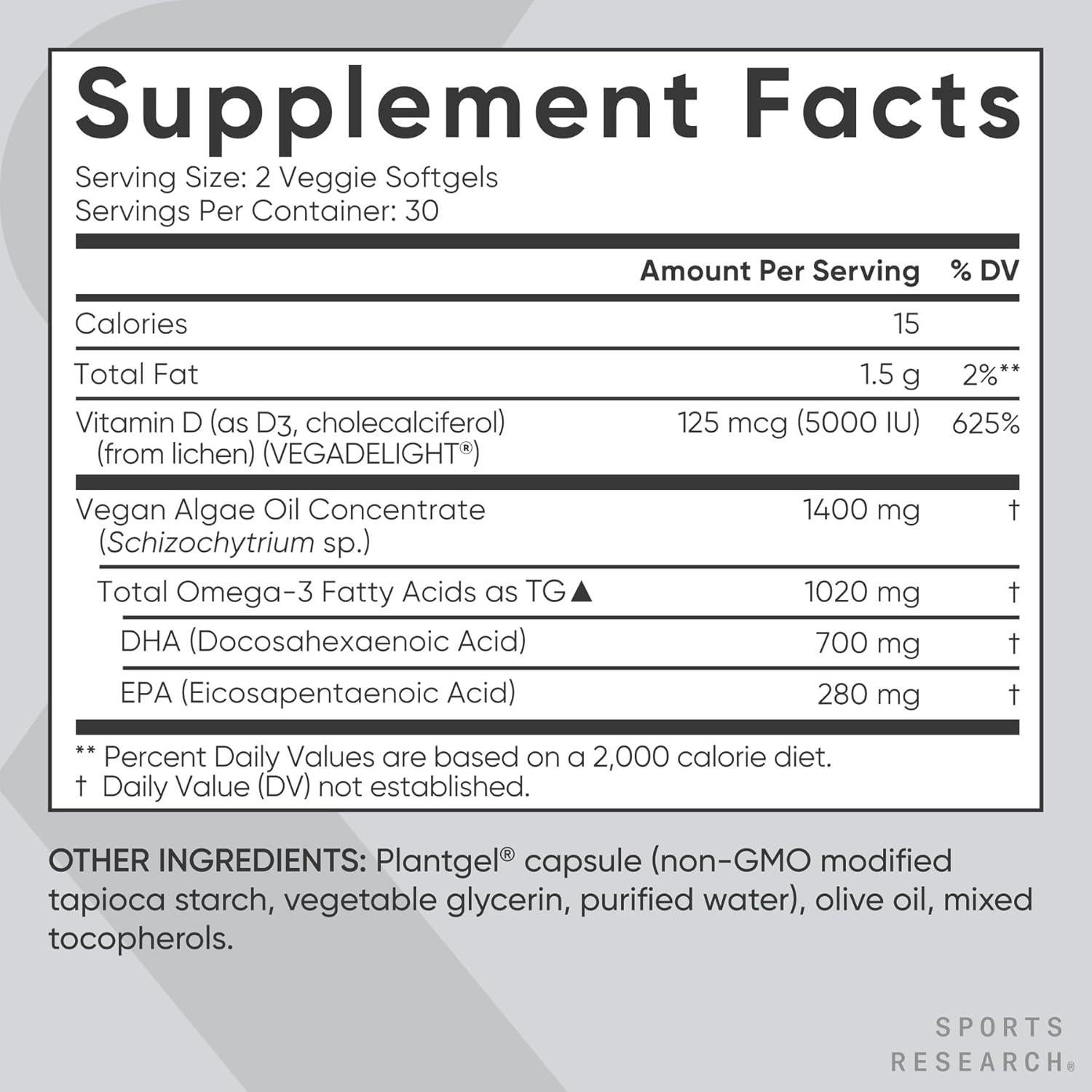 Suplemento Vegano Omega-3 Sports Research 1020mg + D3 5000iu