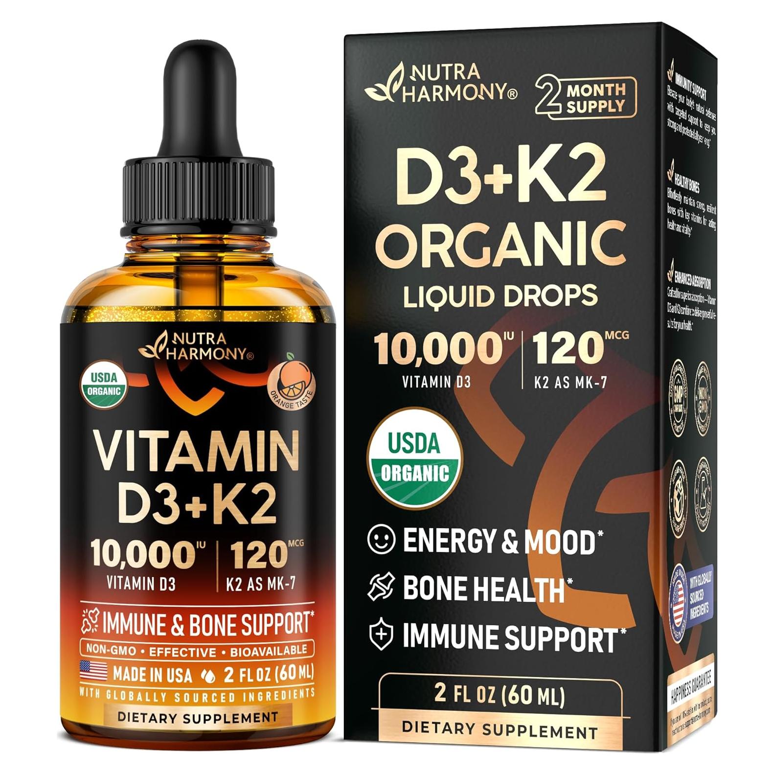 Gotas Orgánicas de Vitamina D3 10000 UI + K2 120 mcg - Nutra Harmony