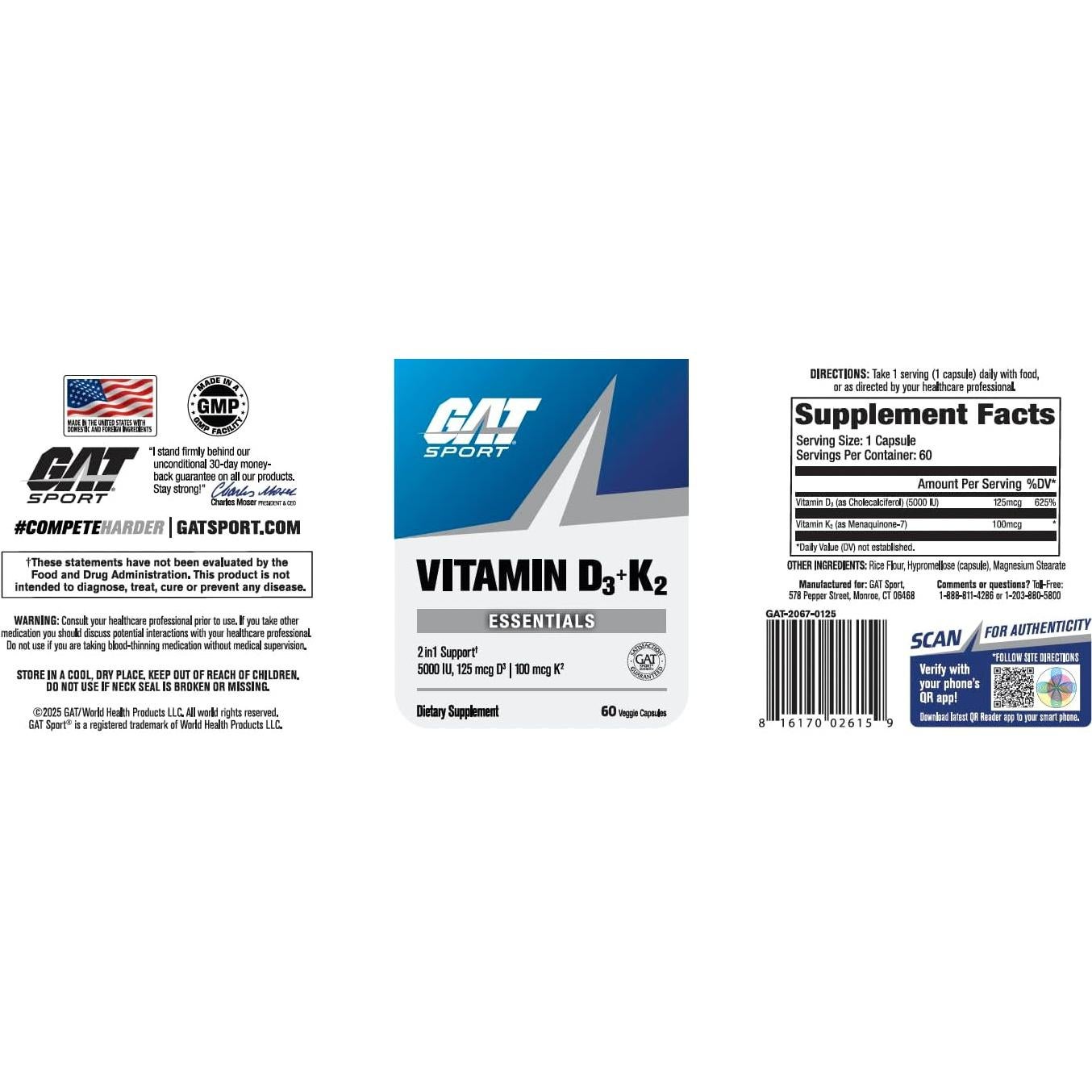 GAT Sport Vitamina D3 K2 5000 UI 60 Cápsulas Vegetales