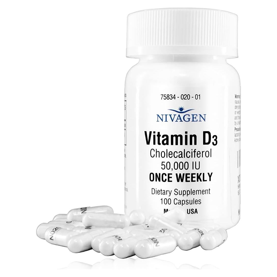 Vitaminas D3 50,000 UI Nivagen - 100 Cápsulas Halal y Kosher