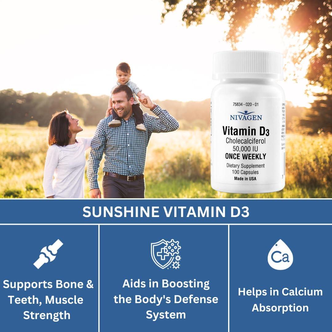 Vitaminas D3 50,000 UI Nivagen - 100 Cápsulas Halal y Kosher