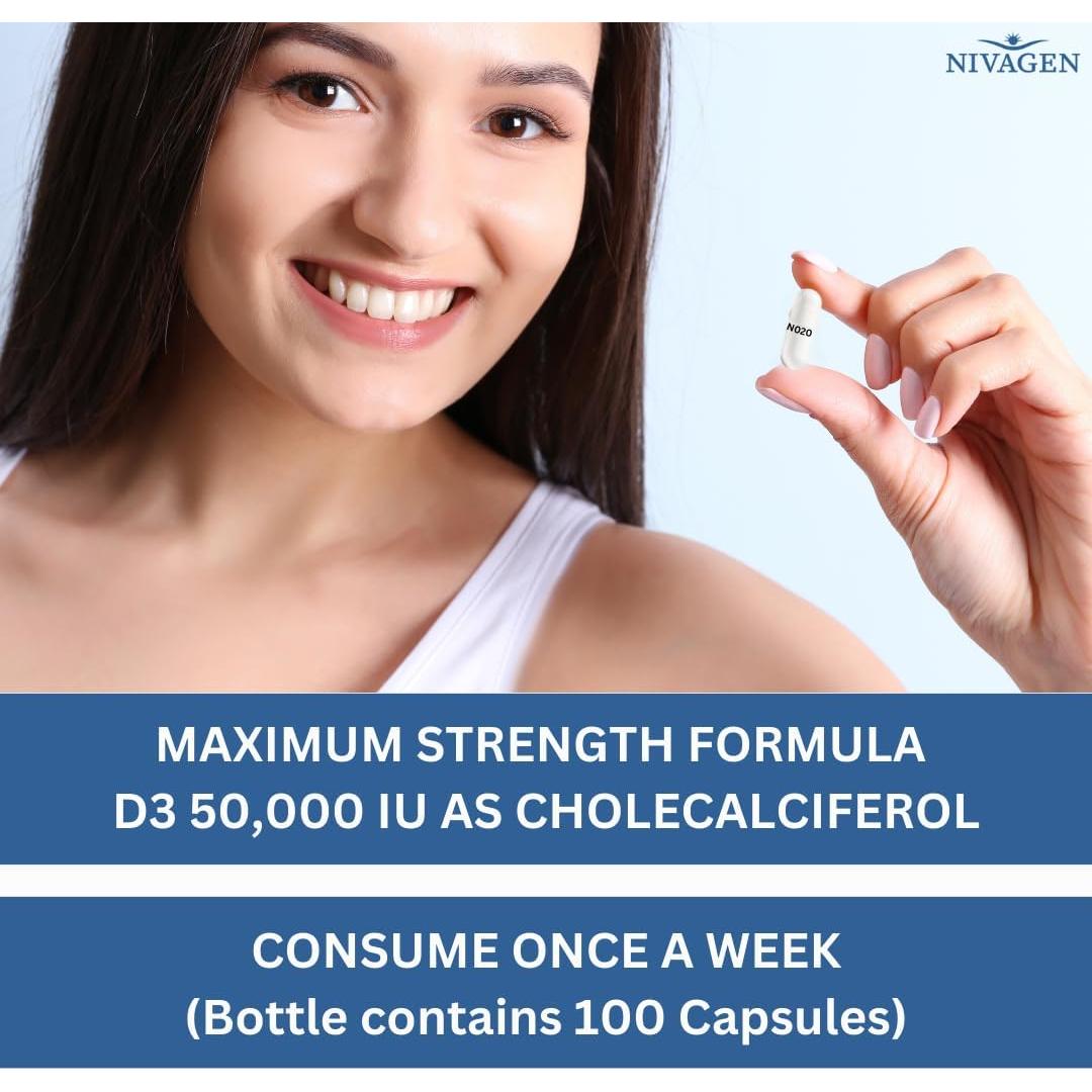 Vitaminas D3 50,000 UI Nivagen - 100 Cápsulas Halal y Kosher