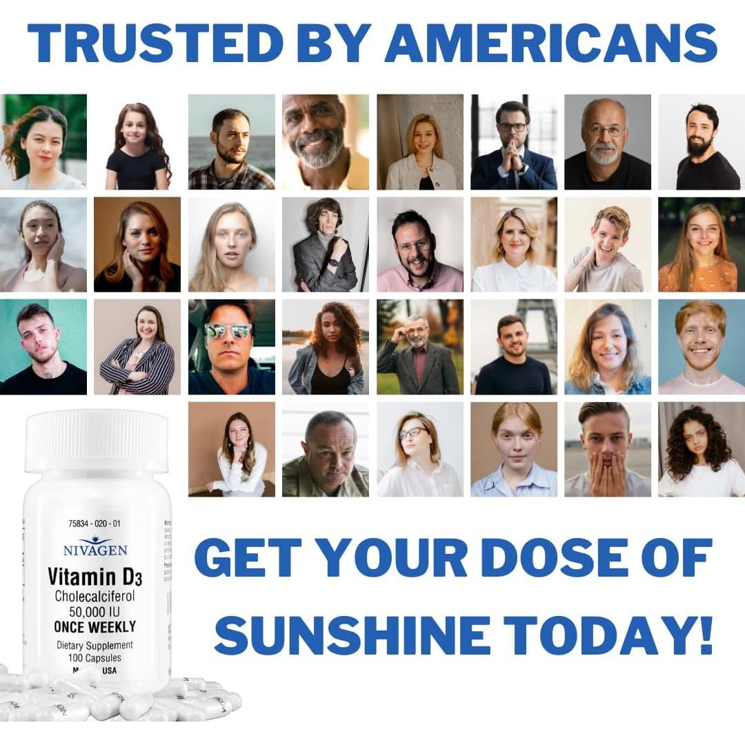 Vitaminas D3 50,000 UI Nivagen - 100 Cápsulas Halal y Kosher