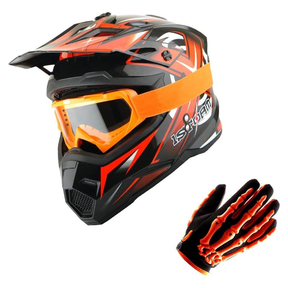 Casco de Motocross 1Storm HF801 Naranja + Gafas + Guantes