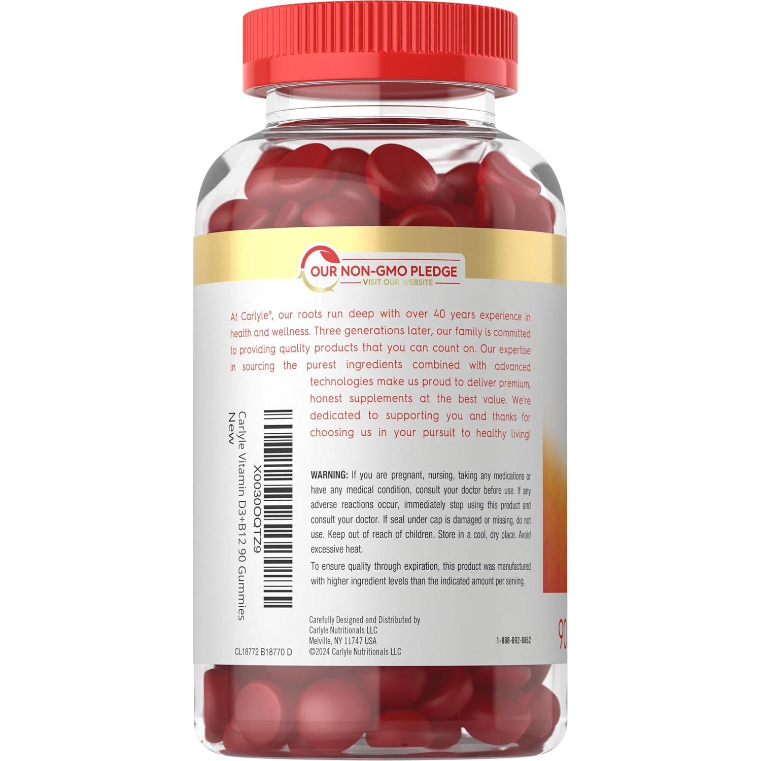 Gomitas de Vitamina D3 + B12 Carlyle 90 Unidades Sabor Fresa