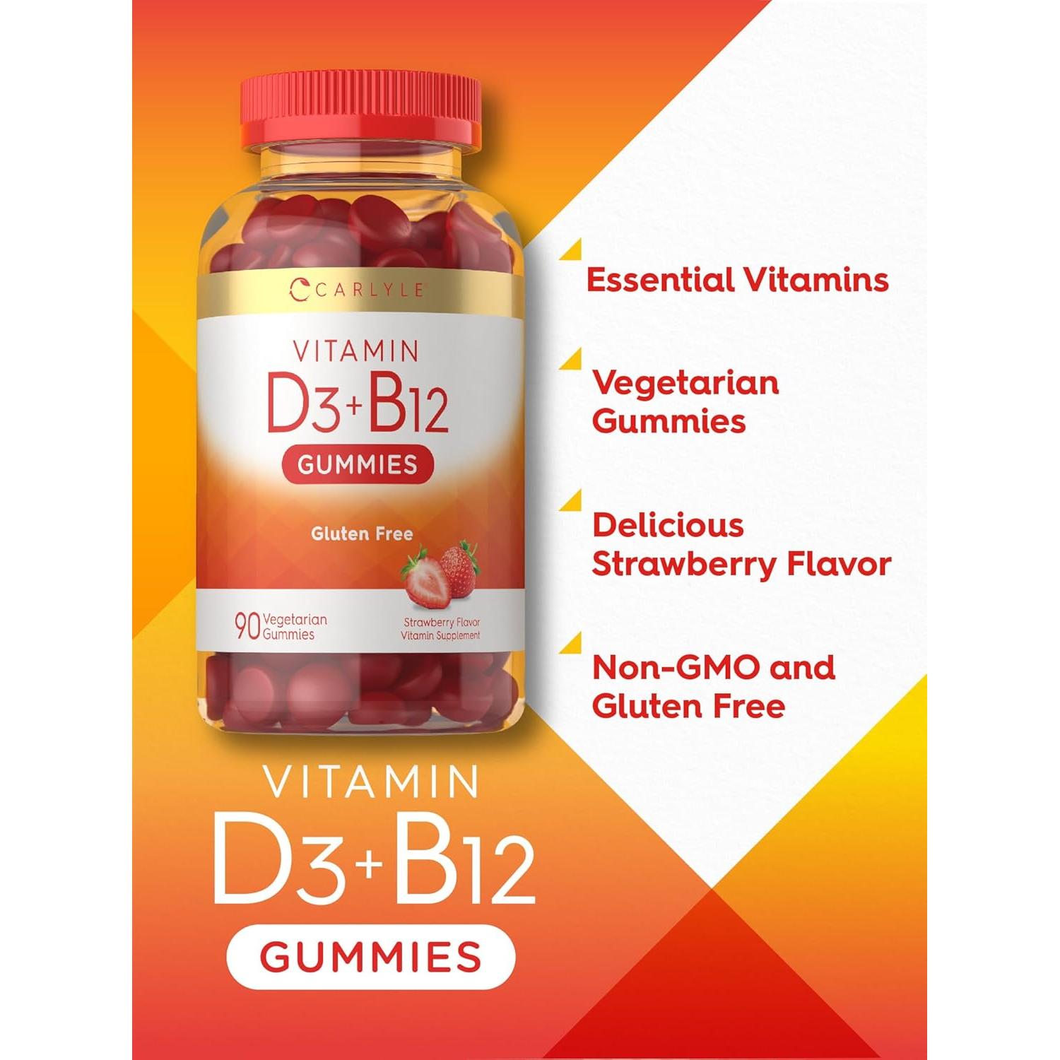 Gomitas de Vitamina D3 + B12 Carlyle 90 Unidades Sabor Fresa