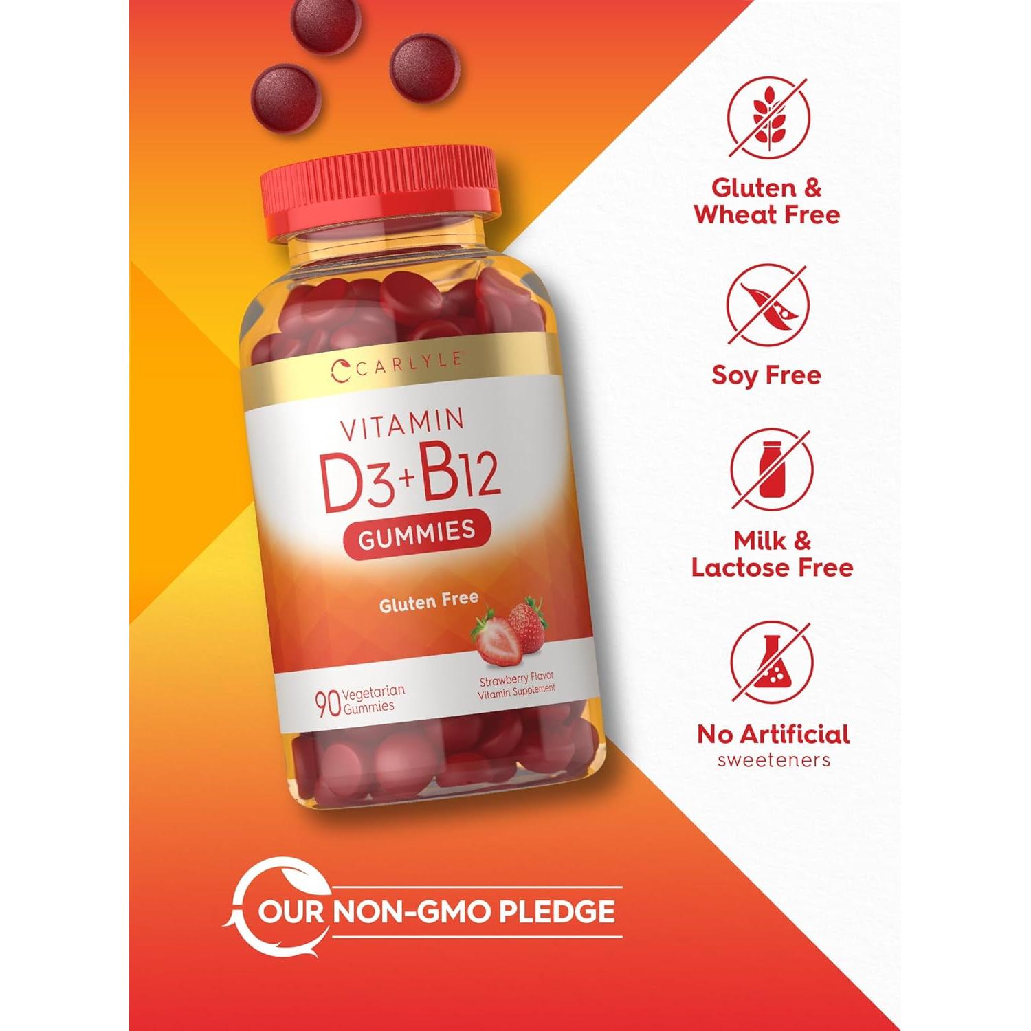 Gomitas de Vitamina D3 + B12 Carlyle 90 Unidades Sabor Fresa