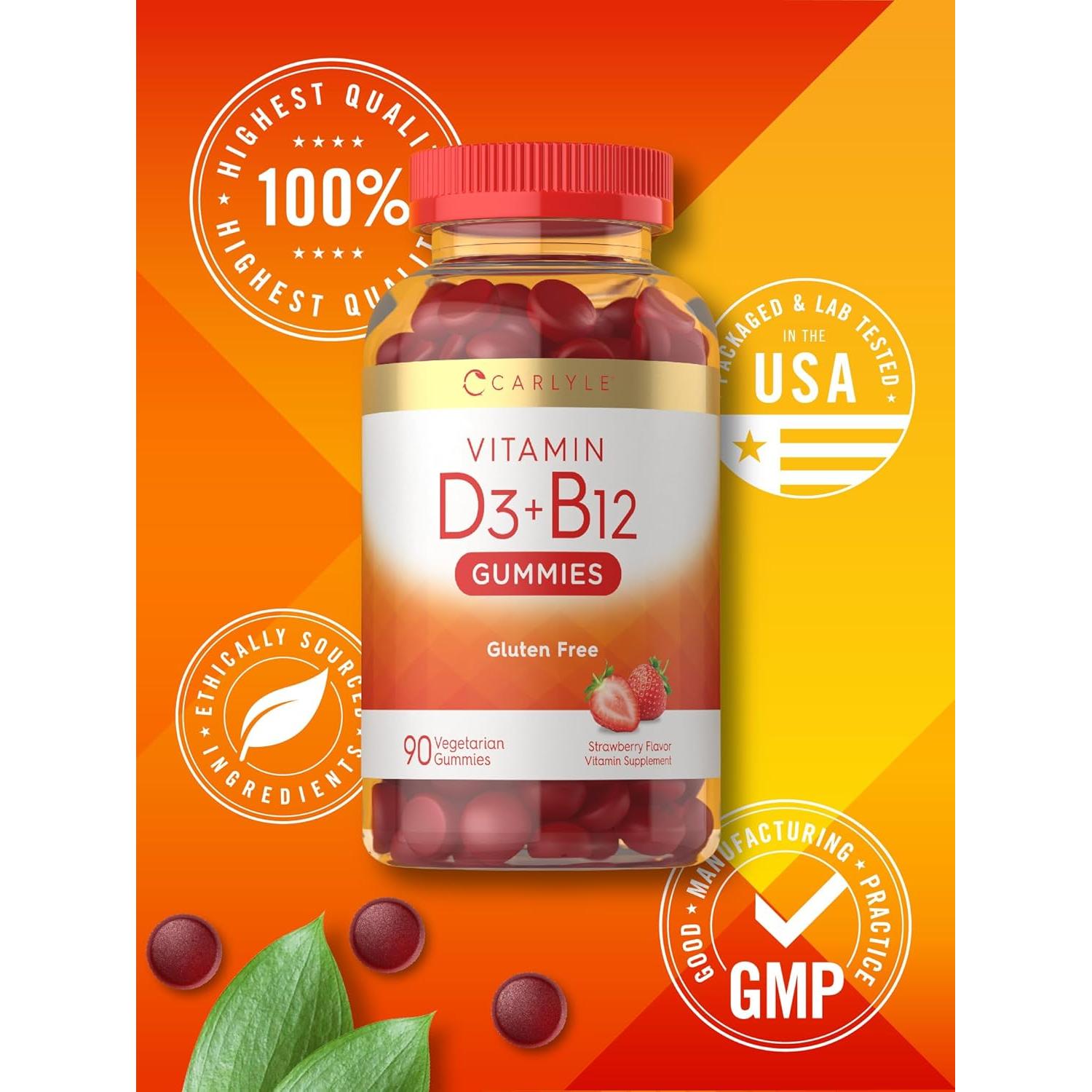 Gomitas de Vitamina D3 + B12 Carlyle 90 Unidades Sabor Fresa