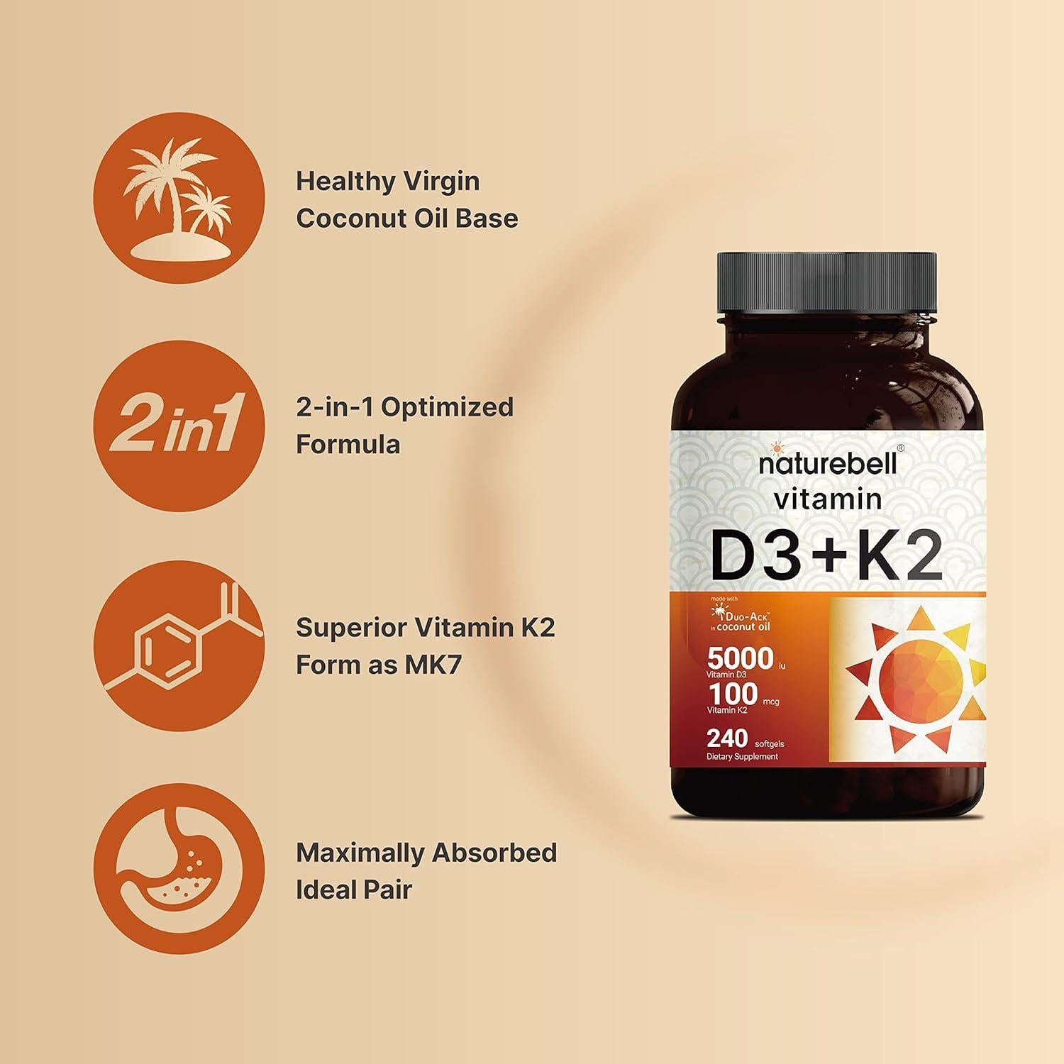 NatureBell Vitamina D3 5000 UI + K2 100 mcg 240 Softgels