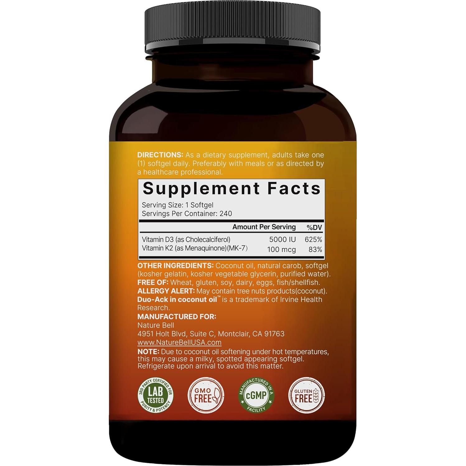 NatureBell Vitamina D3 5000 UI + K2 100 mcg 240 Softgels